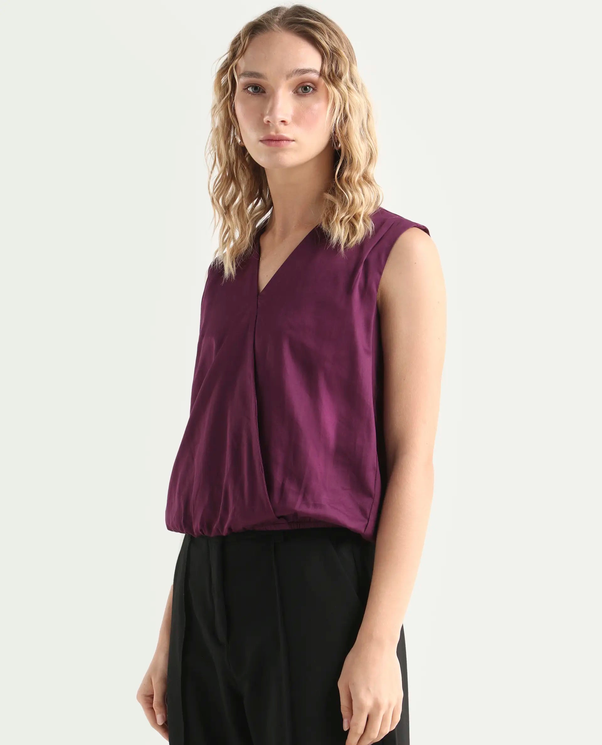 Rareism Women's Nujet Purple Cotton Blend Overlap Neck Regular Fit Plain Top