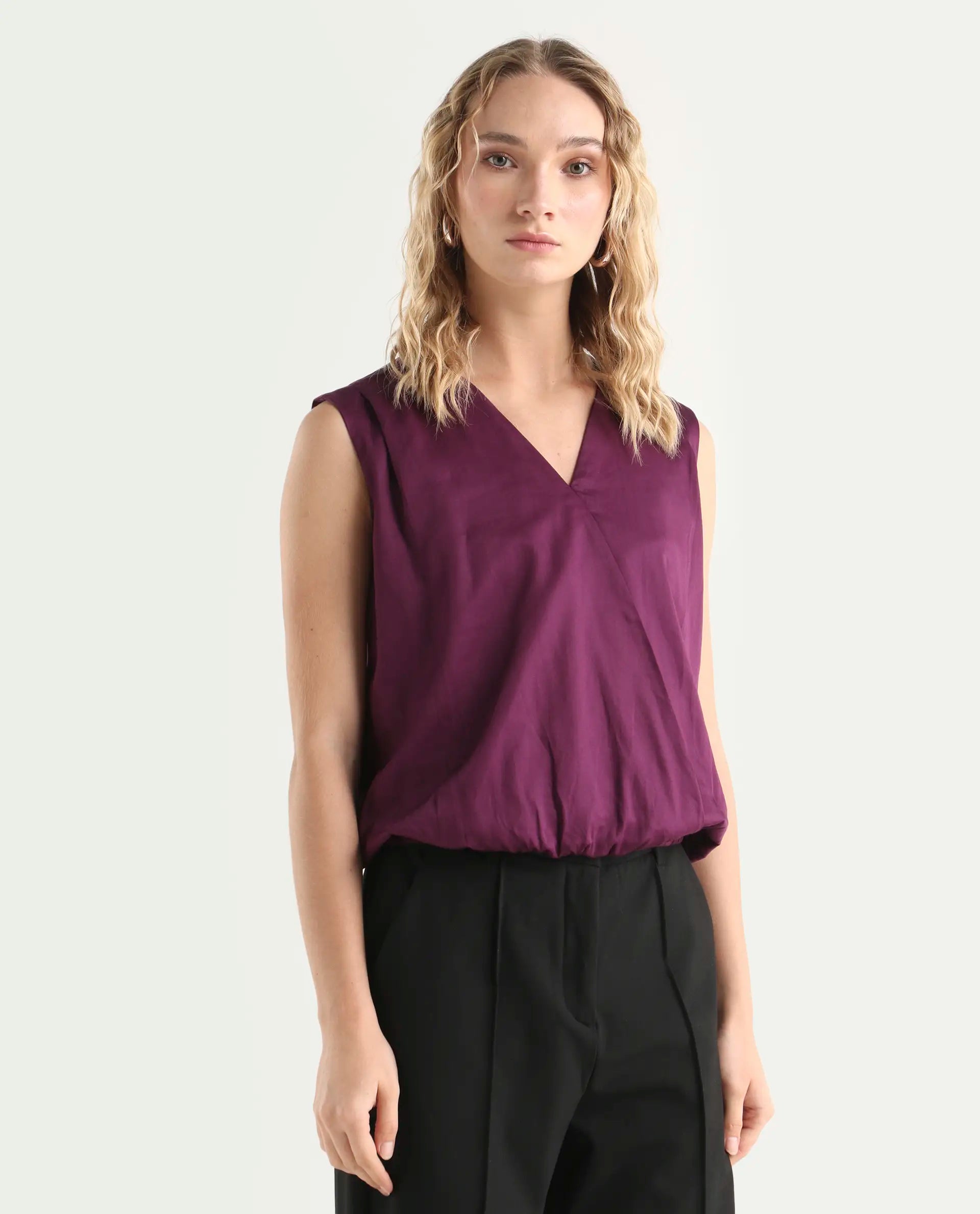 Rareism Women's Nujet Purple Cotton Blend Overlap Neck Regular Fit Plain Top