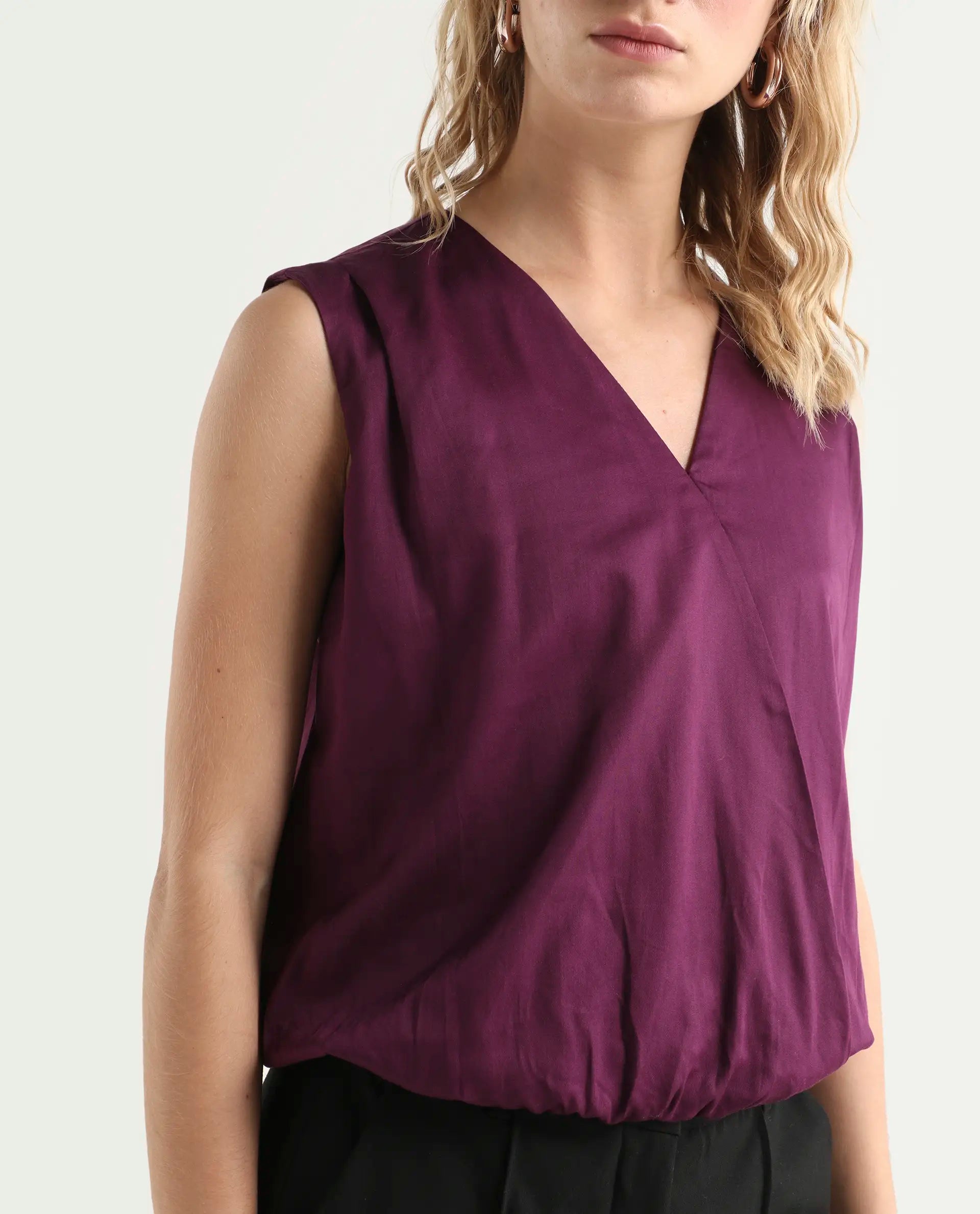 Rareism Women's Nujet Purple Cotton Blend Overlap Neck Regular Fit Plain Top