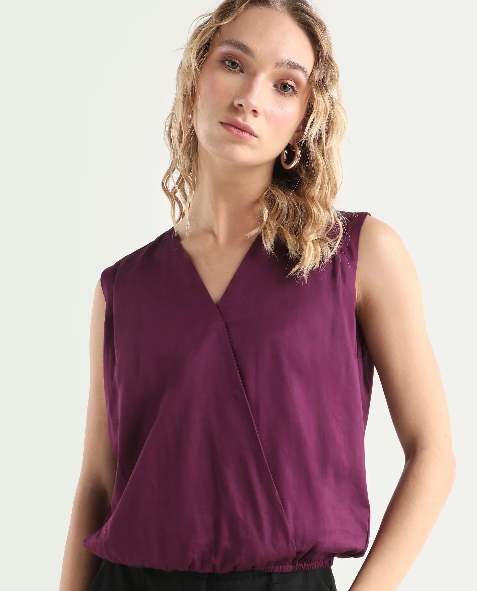 Rareism Women's Nujet Purple Cotton Blend Overlap Neck Regular Fit Plain Top