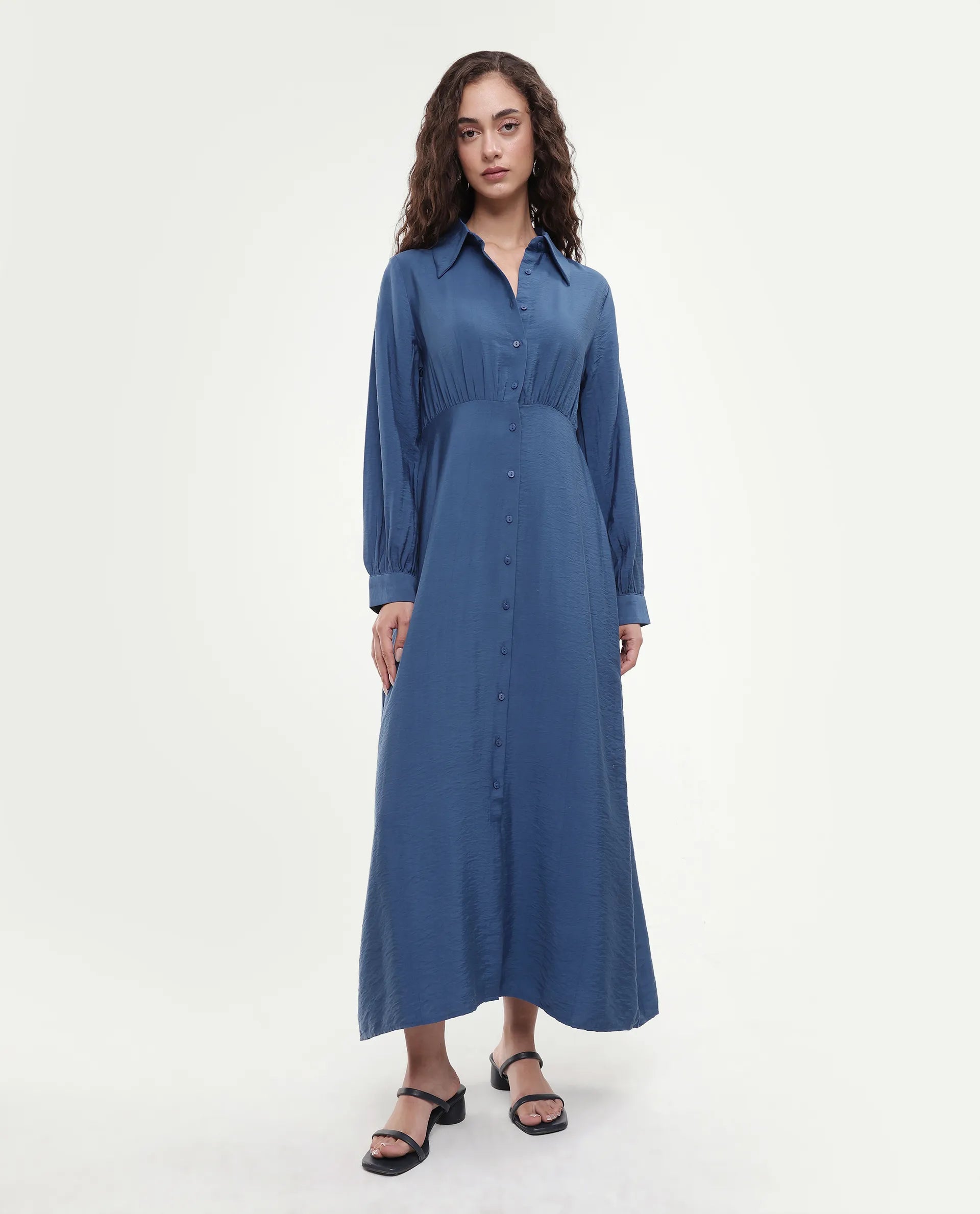 Rareism Women's Jenzif Blue Viscose Blend Collared Neck A-Line Plain Dress