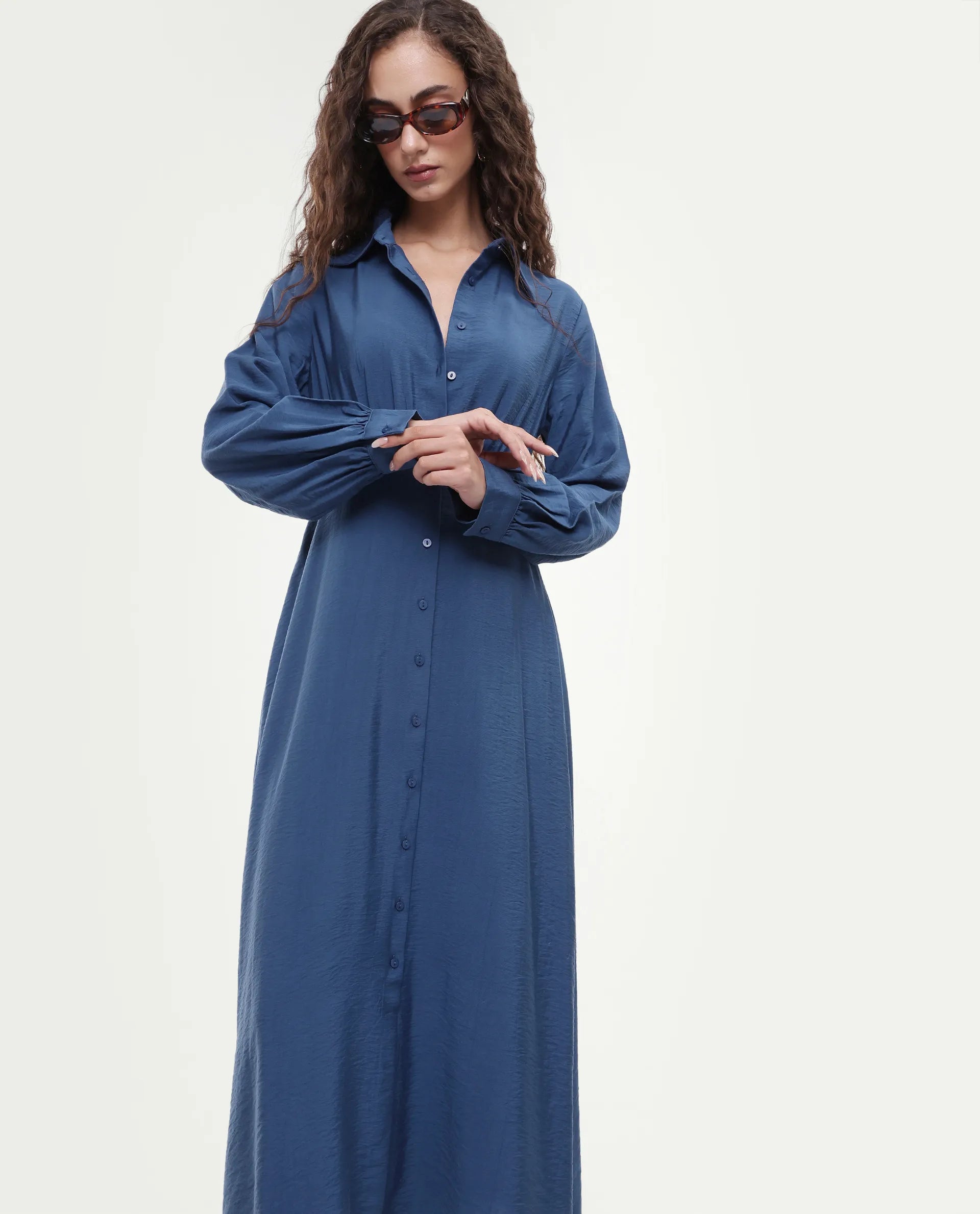 Rareism Women's Jenzif Blue Viscose Blend Collared Neck A-Line Plain Dress
