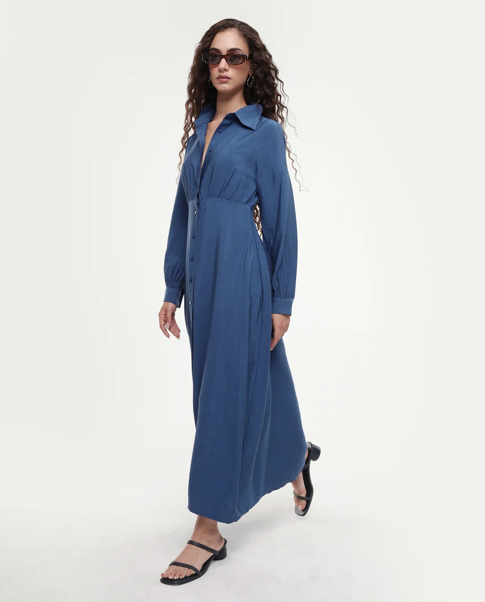 Rareism Women's Jenzif Blue Viscose Blend Collared Neck A-Line Plain Dress