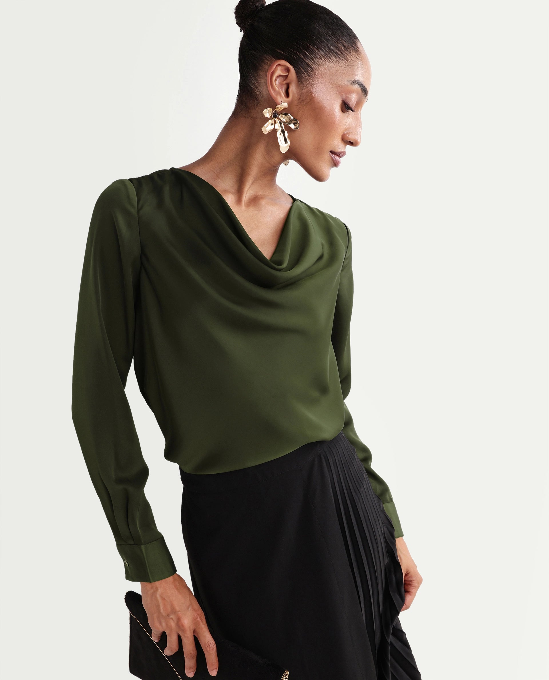 Rareism Women's Avier Olive Polyester Full Sleeve Cowl Neck Regular Fit Plain Top