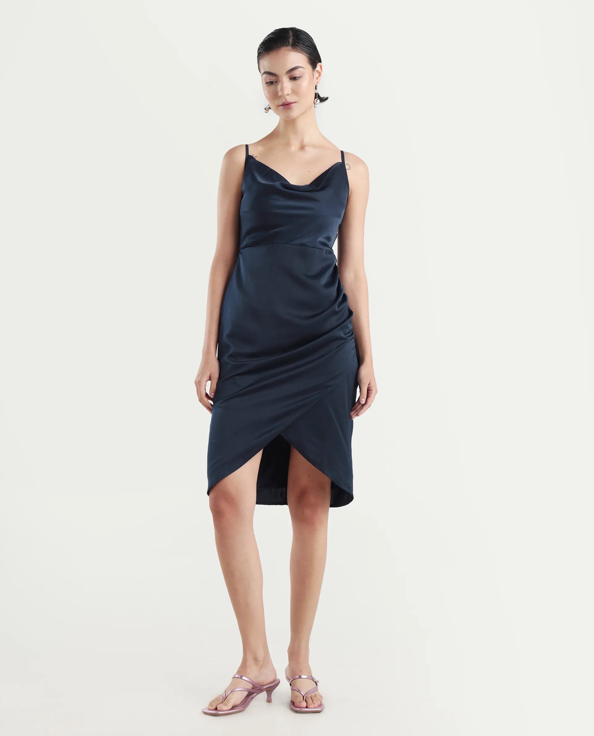 Rareism Women's Avilu Navy Polyester Shoulder Straps Fitted Plain Dress