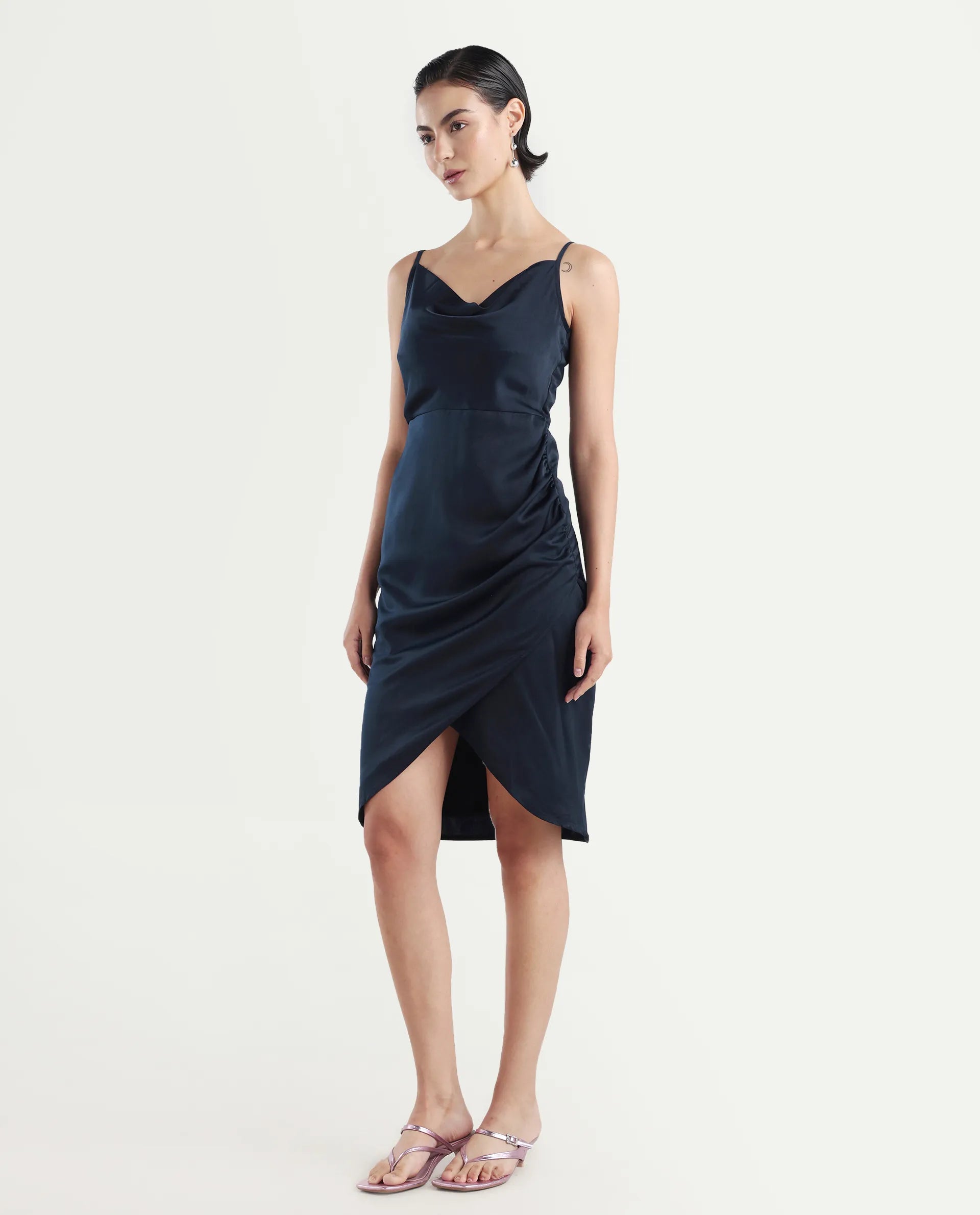 Rareism Women's Avilu Navy Polyester Shoulder Straps Fitted Plain Dress