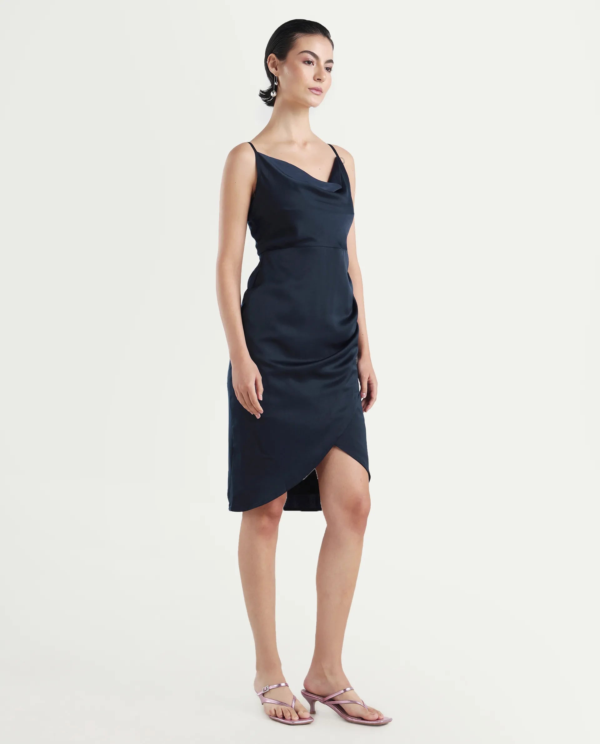 Rareism Women's Avilu Navy Polyester Shoulder Straps Fitted Plain Dress