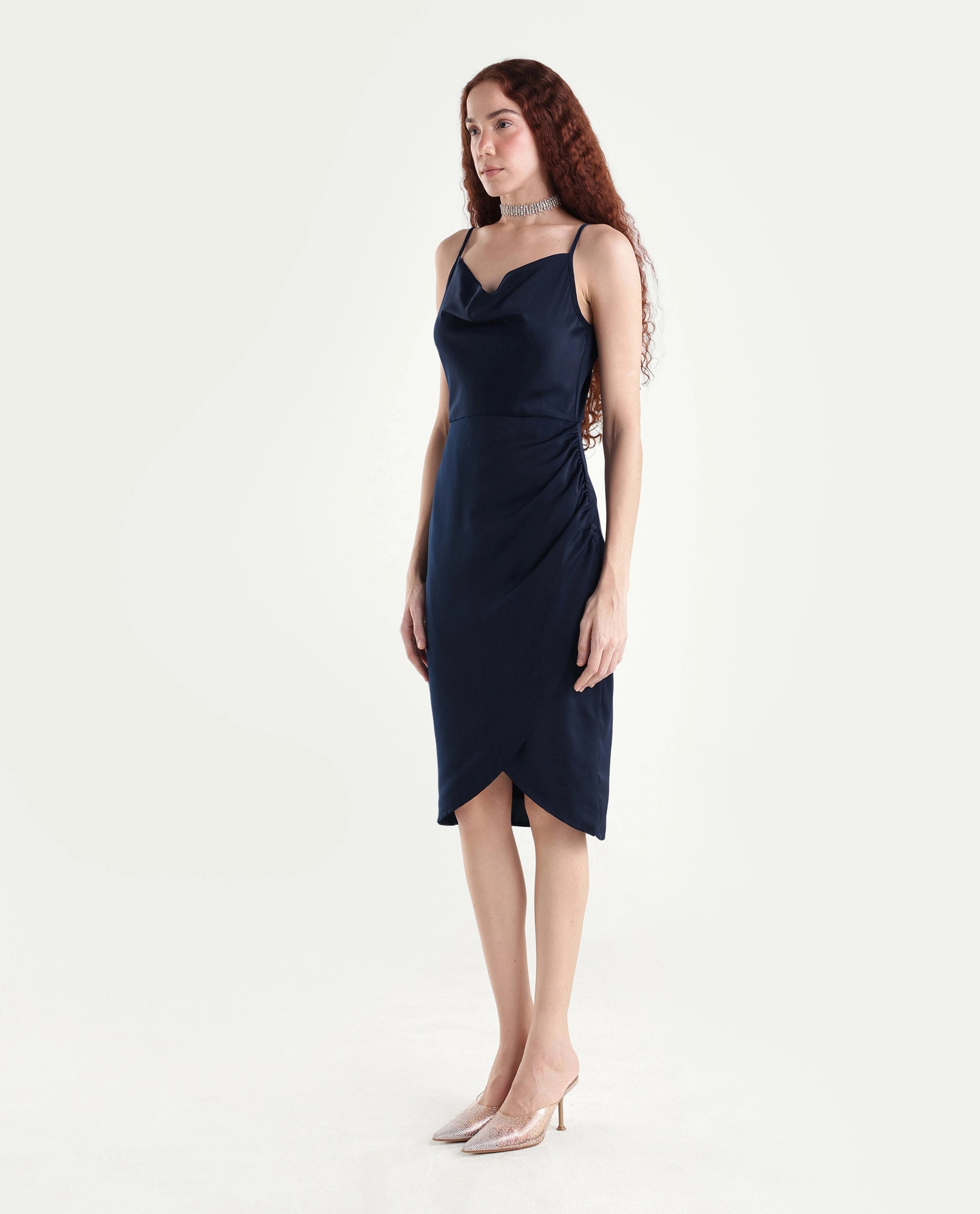 Rareism Women's Avilu Navy Polyester Shoulder Straps Fitted Plain Dress