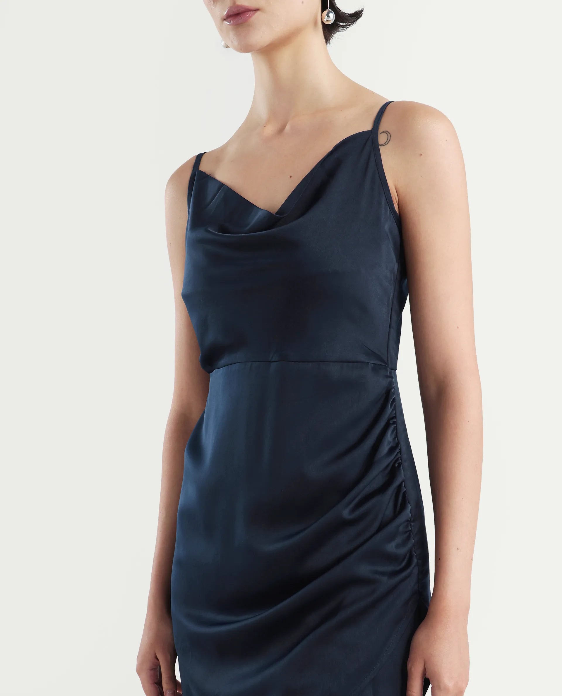 Rareism Women's Avilu Navy Polyester Shoulder Straps Fitted Plain Dress