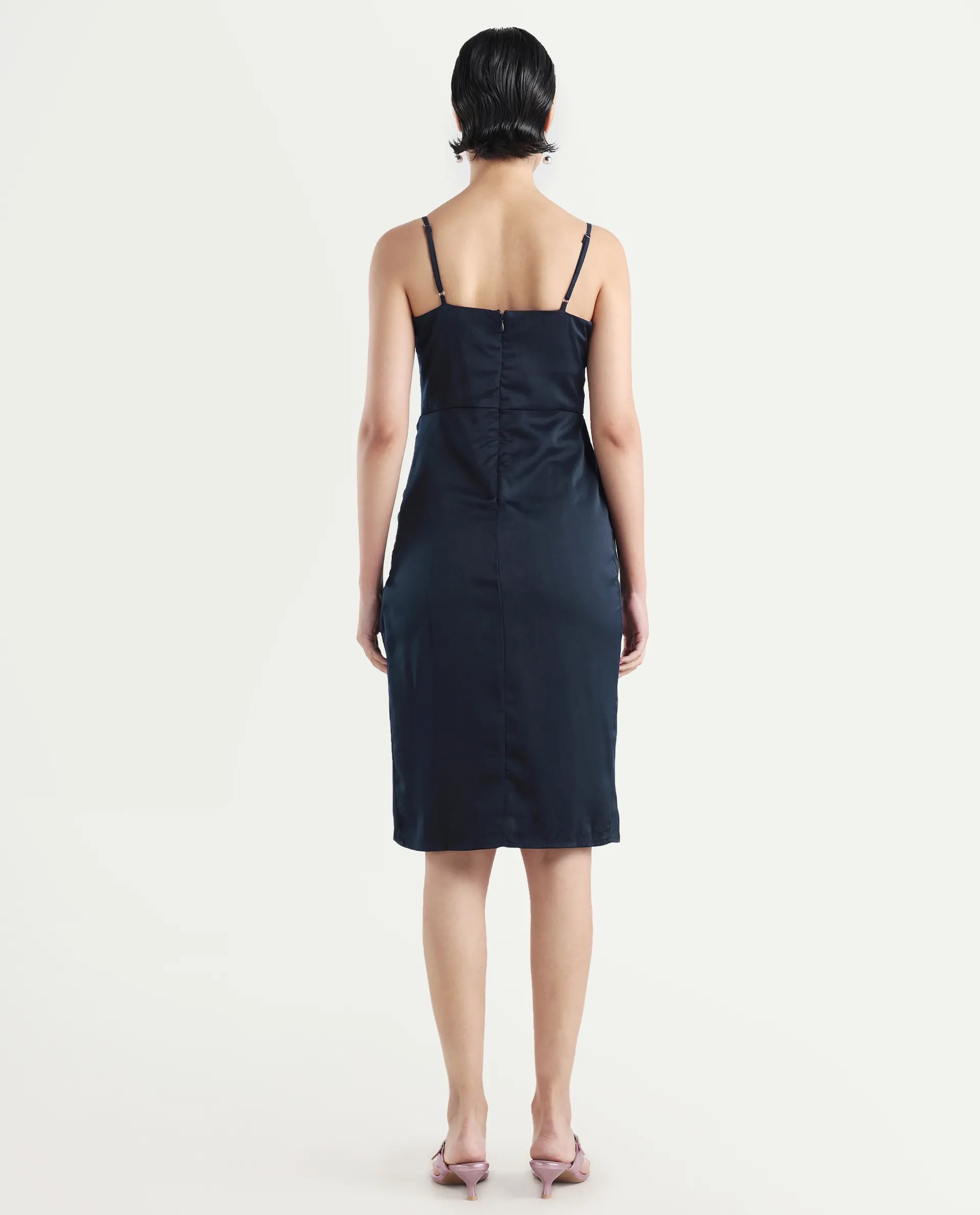 Rareism Women's Avilu Navy Polyester Shoulder Straps Fitted Plain Dress