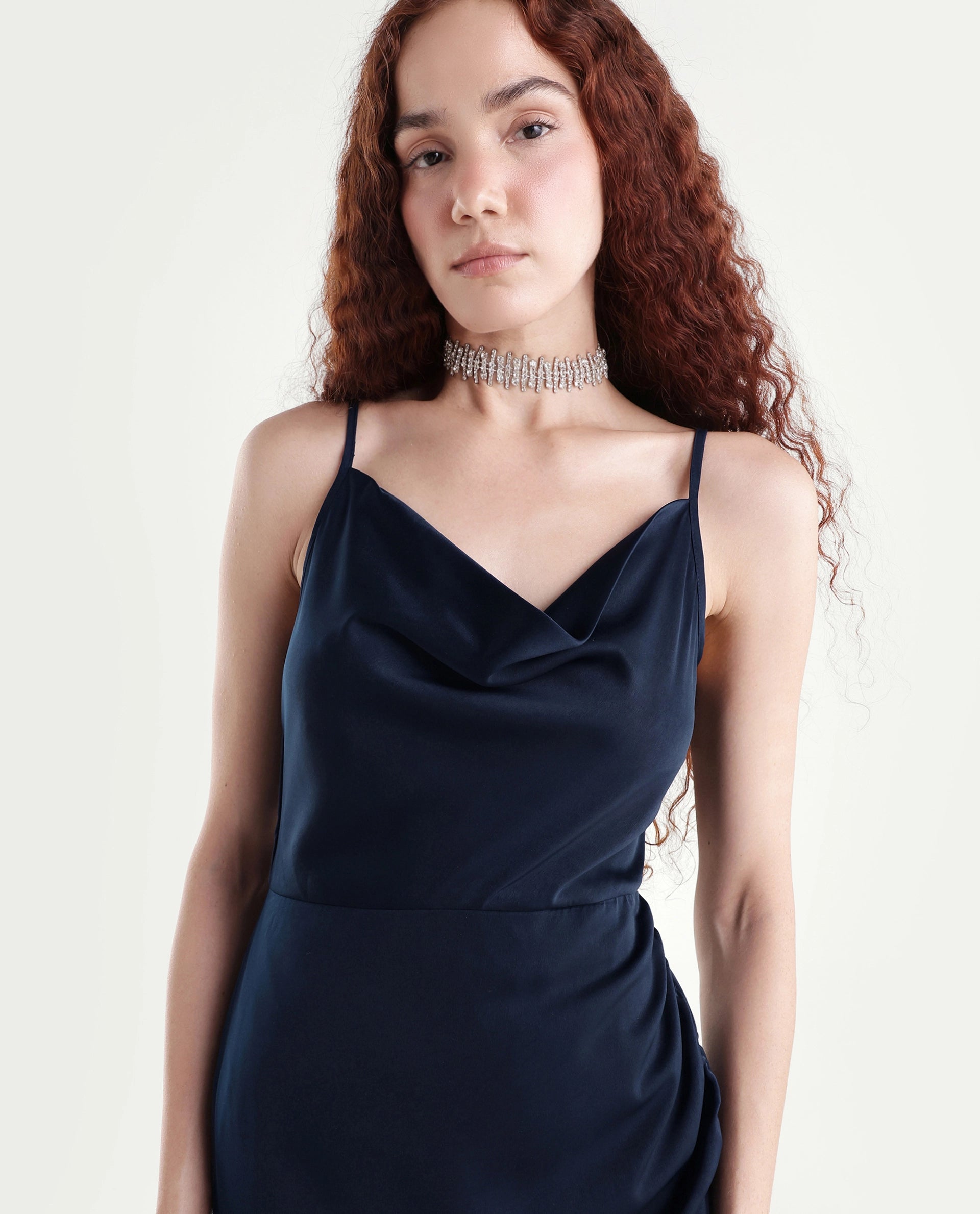Rareism Women's Avilu Navy Polyester Shoulder Straps Fitted Plain Dress