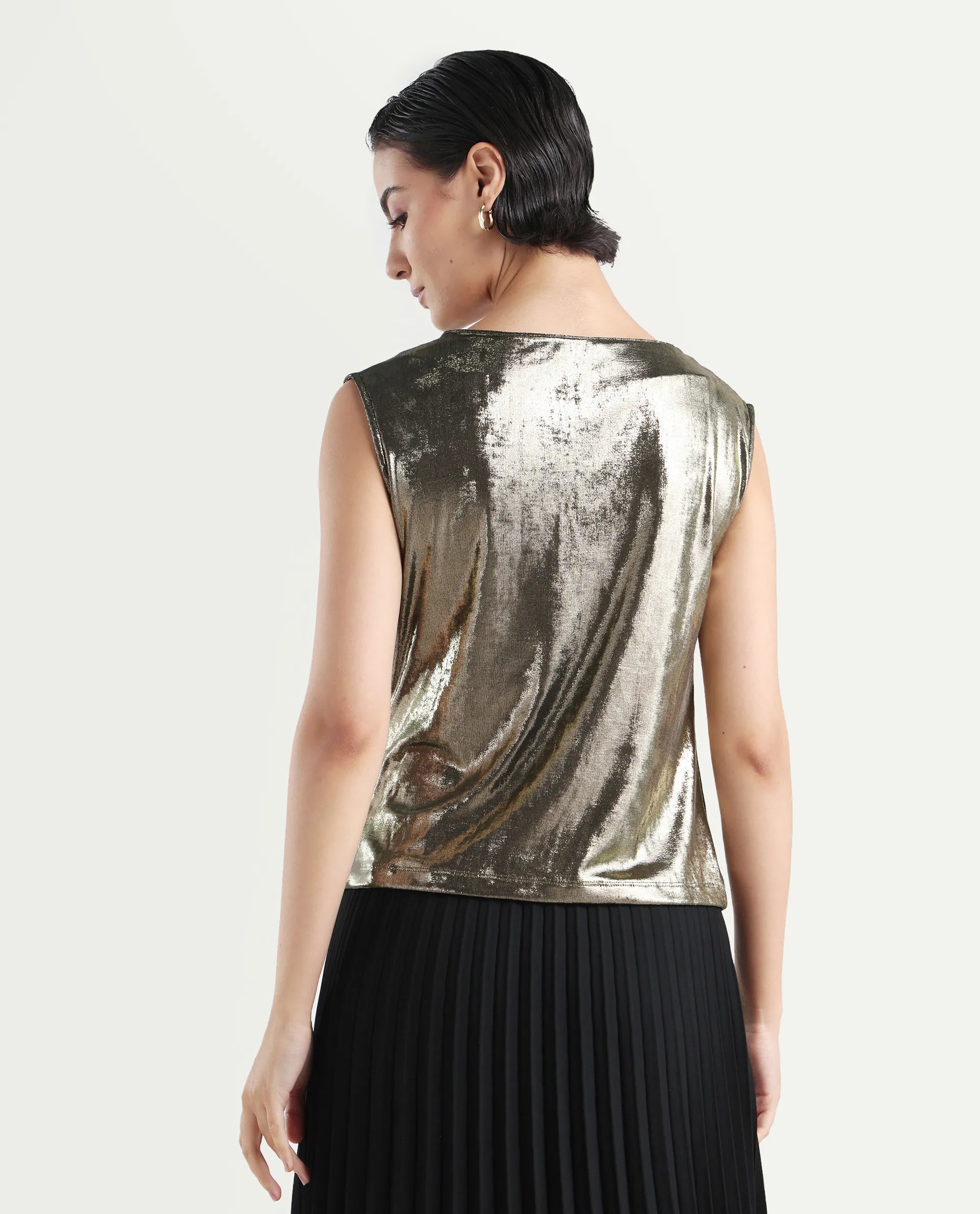 Rareism Women's Aviptus Gold Polyester Boat Neck Fitted Plain Top