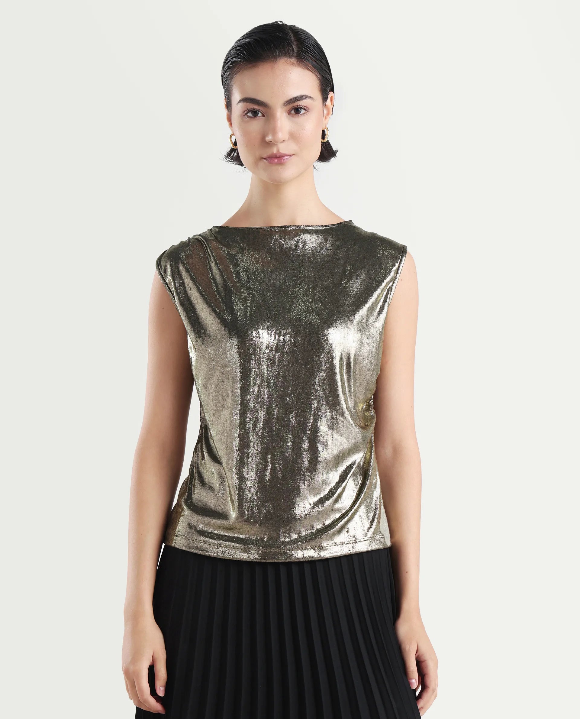 Rareism Women's Aviptus Gold Polyester Boat Neck Fitted Plain Top