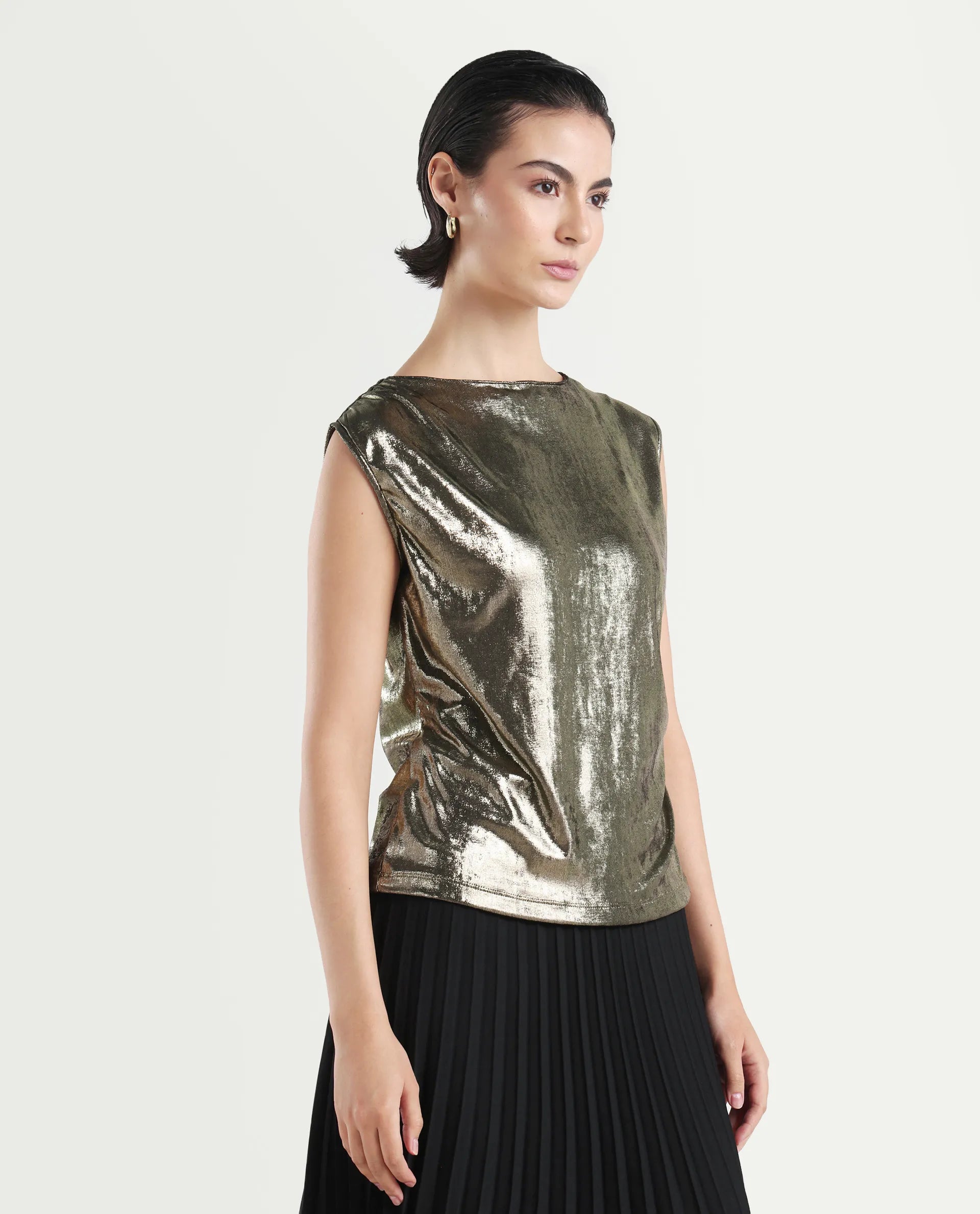 Rareism Women's Aviptus Gold Polyester Boat Neck Fitted Plain Top