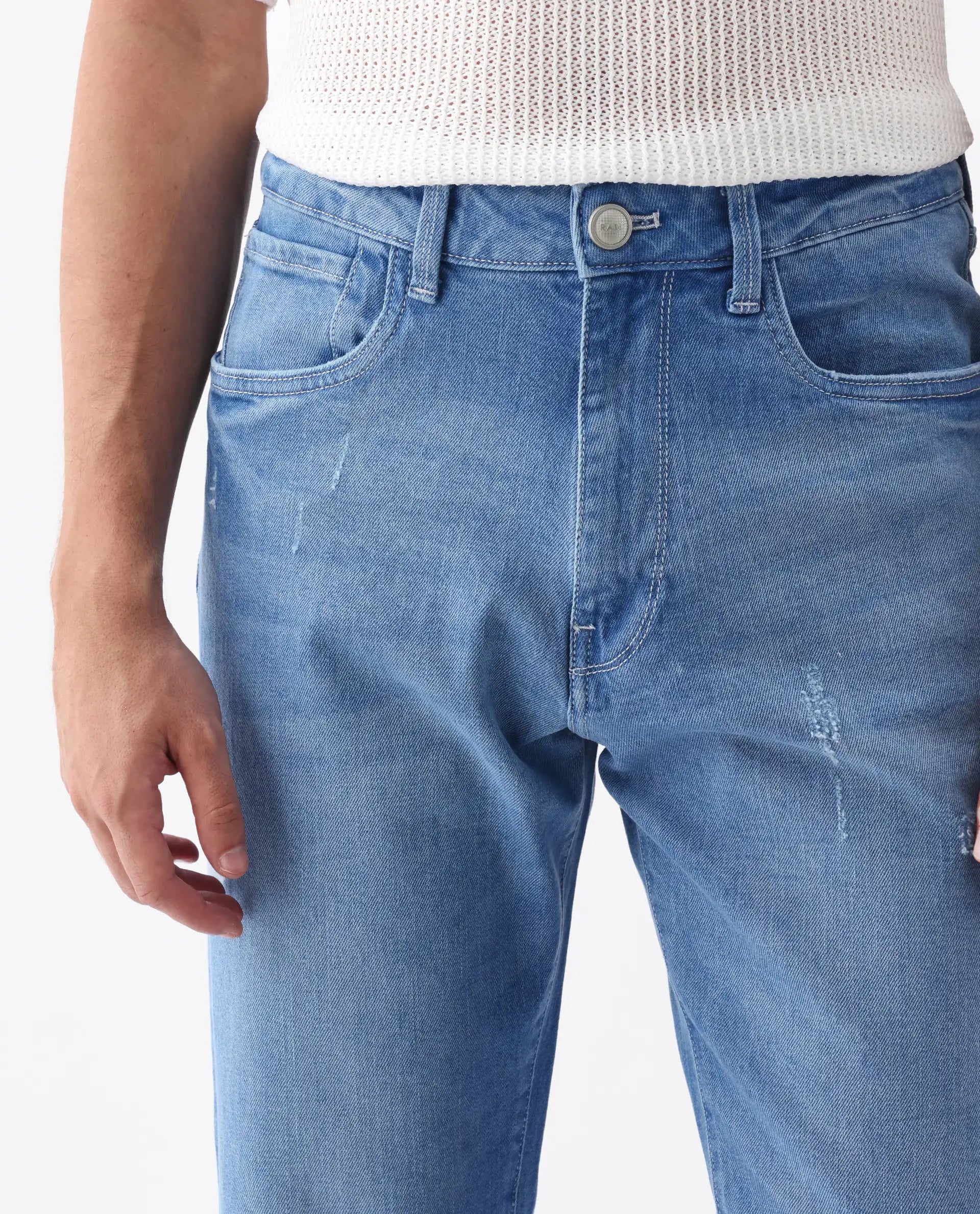 Rare Rabbit Men's Vlad-M Light Blue Cotton Blend Plain Morris Regular Fit Jeans