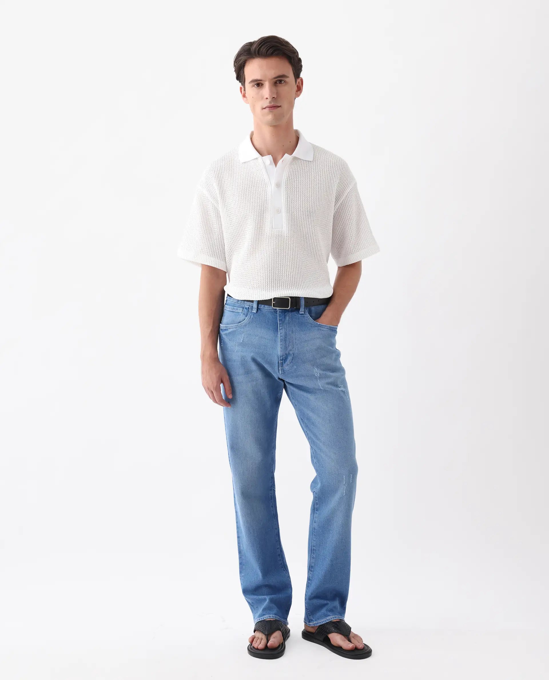 Rare Rabbit Men's Vlad-M Light Blue Cotton Blend Plain Morris Regular Fit Jeans