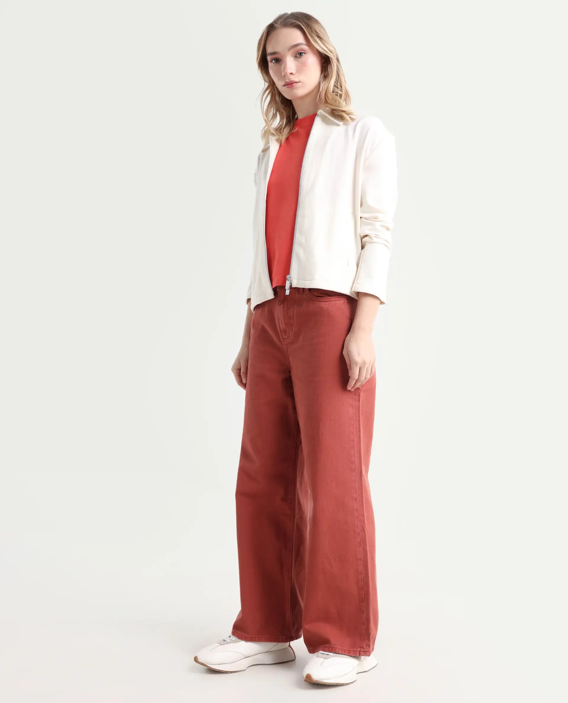 Rareism Women's Nufes Rust Cotton Wide Ankle Length Plain Trouser