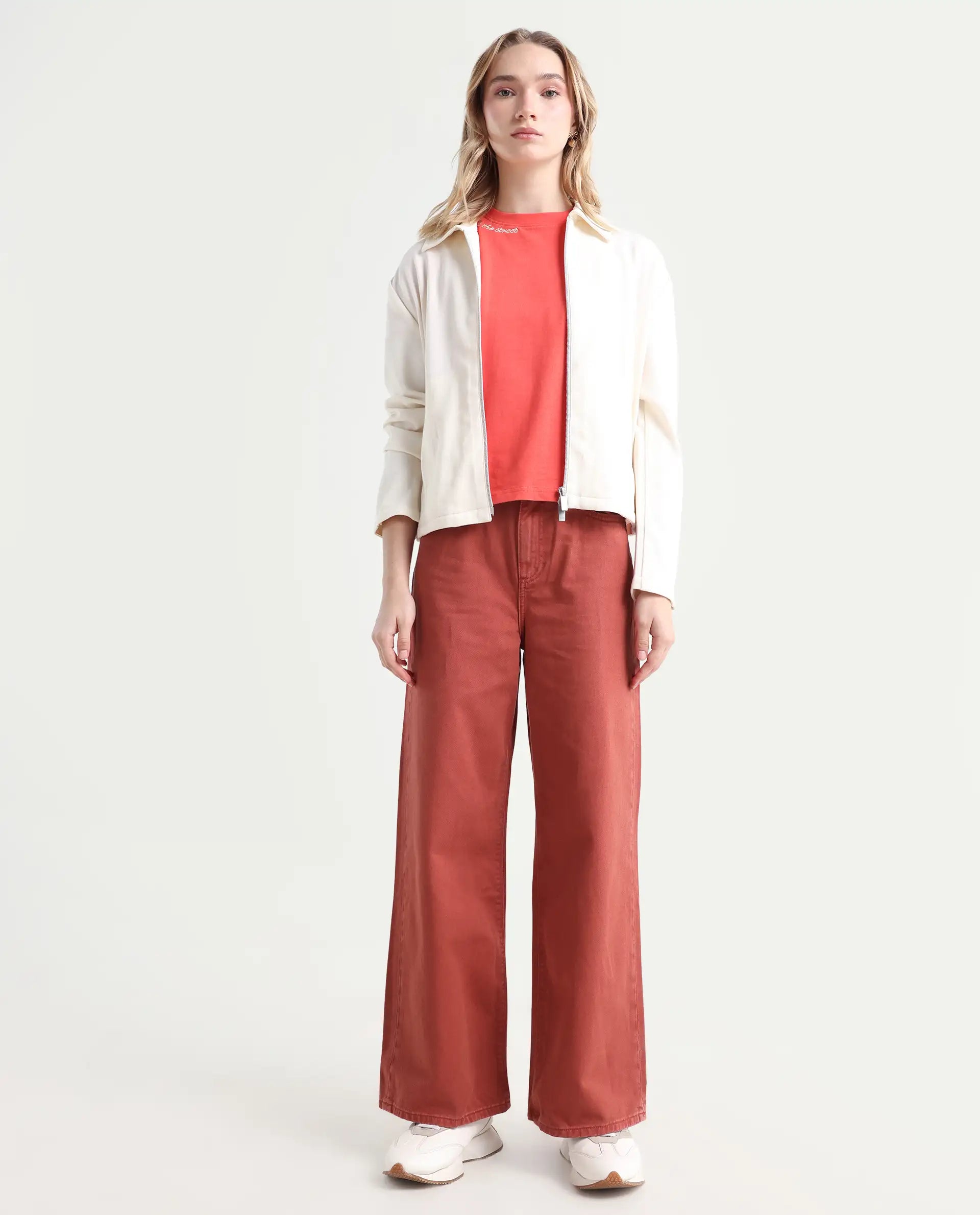 Rareism Women's Nufes Rust Cotton Wide Ankle Length Plain Trouser