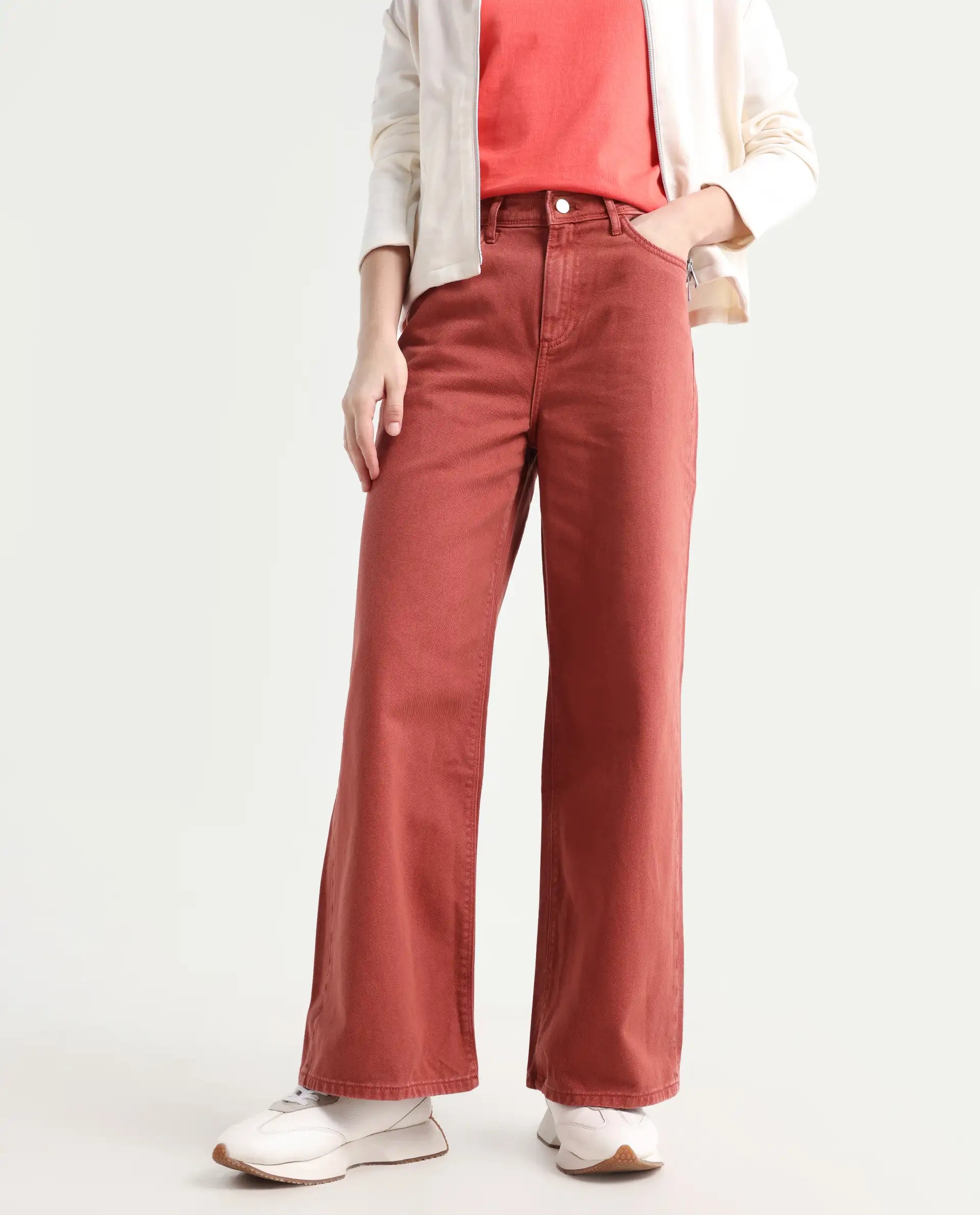 Rareism Women's Nufes Rust Cotton Wide Ankle Length Plain Trouser