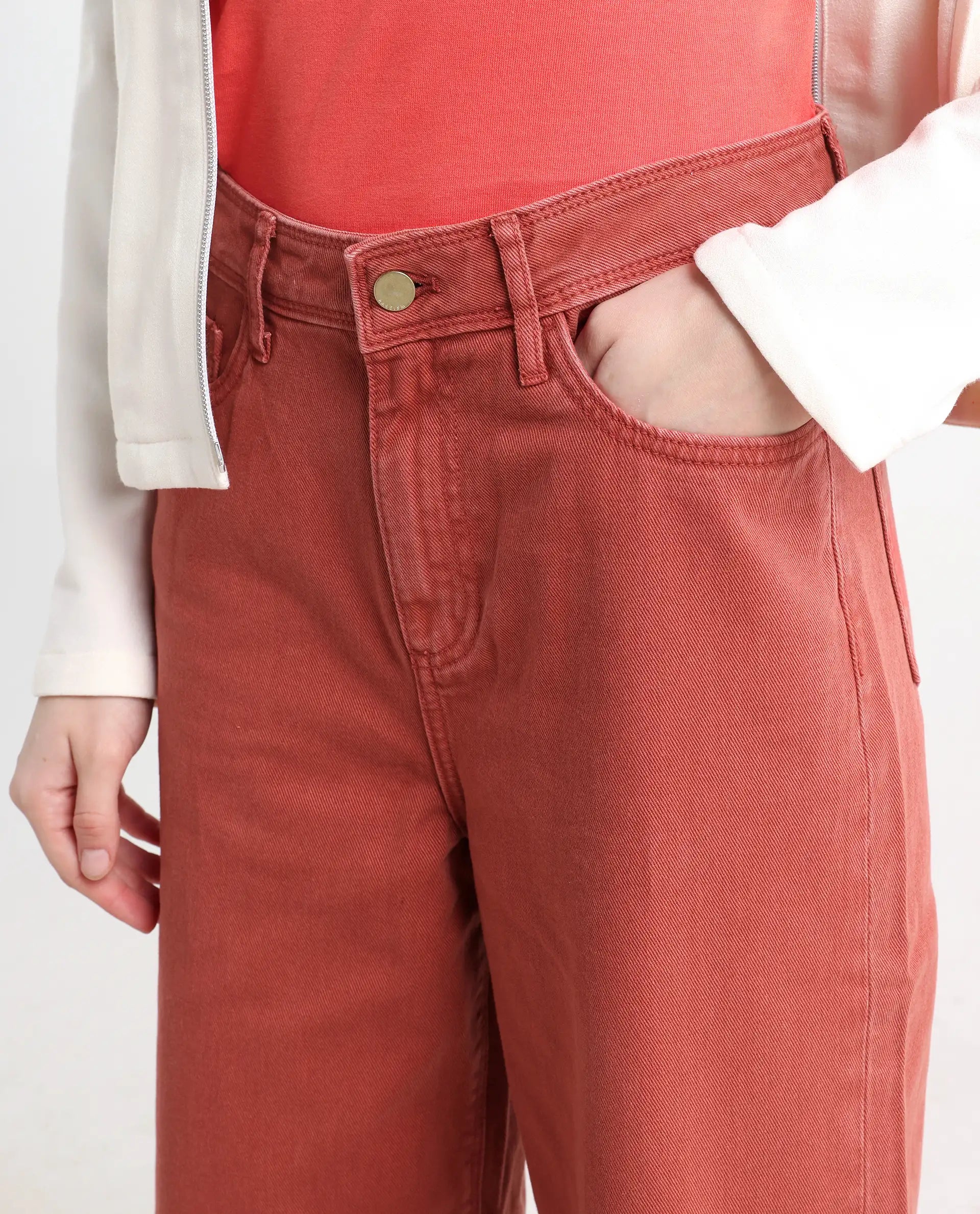 Rareism Women's Nufes Rust Cotton Wide Ankle Length Plain Trouser