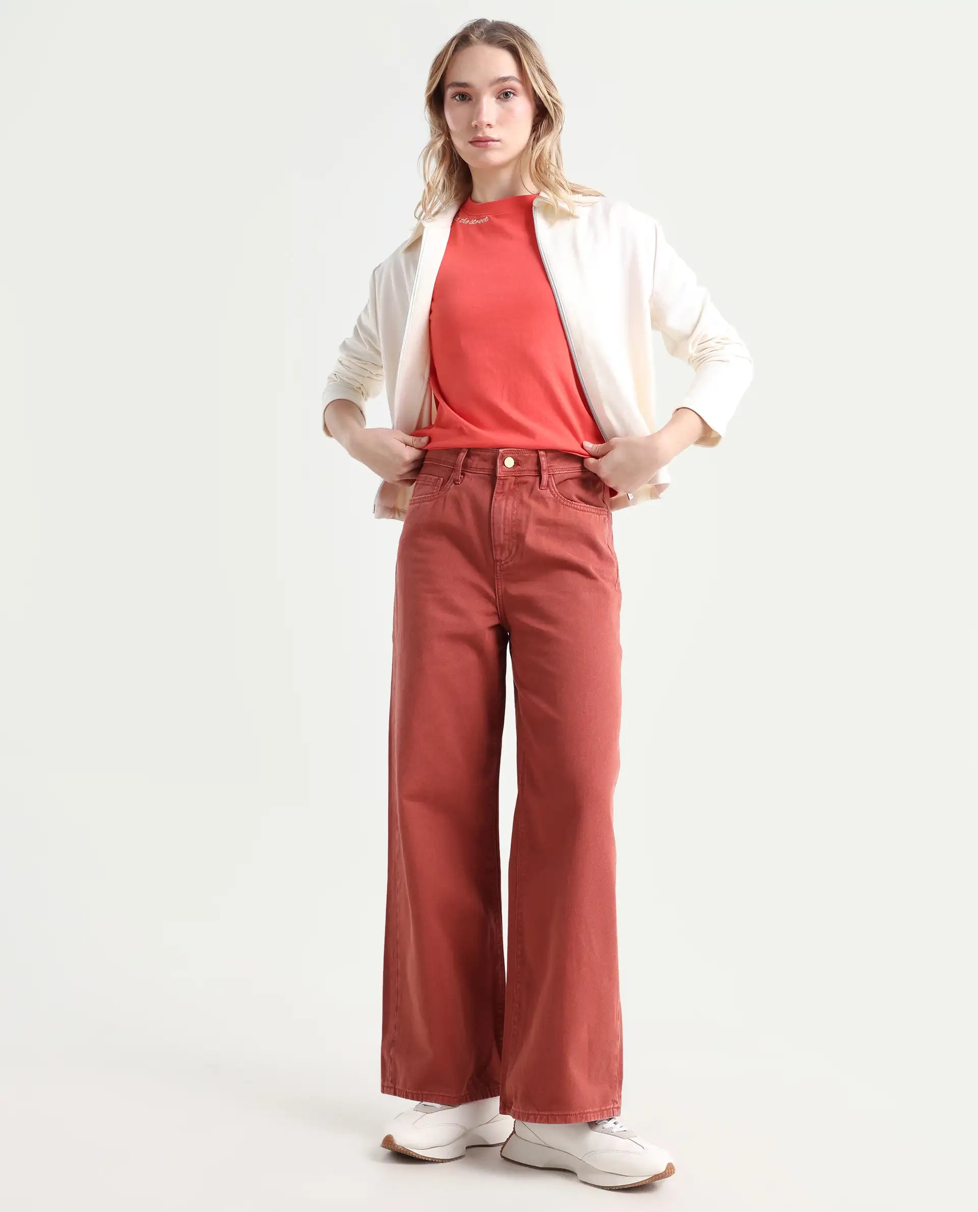 Rareism Women's Nufes Rust Cotton Wide Ankle Length Plain Trouser