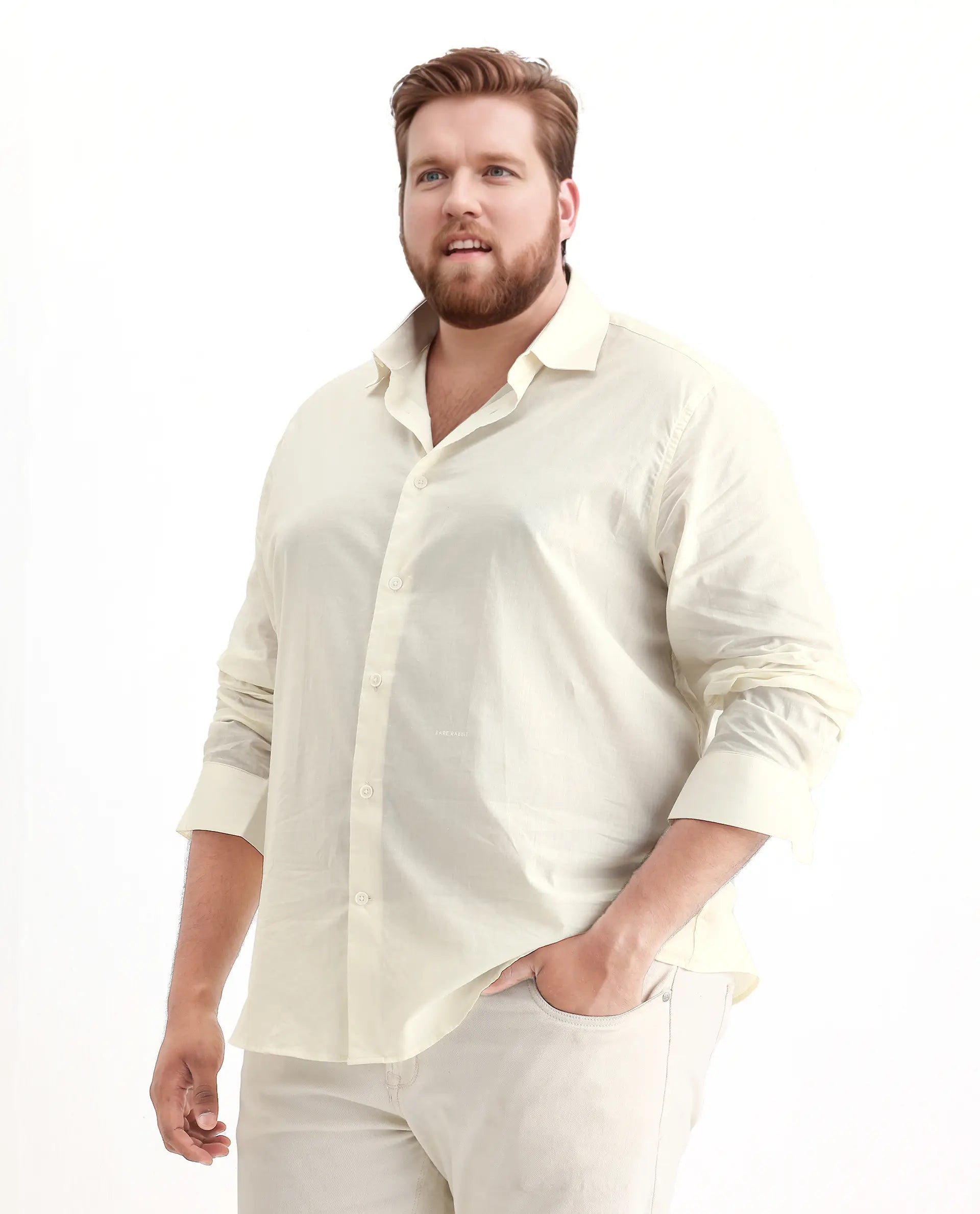 Rare Rabbit Men's Blush Big Off White Cotton Fabric Full Sleeve Collared Neck Plain Shirt