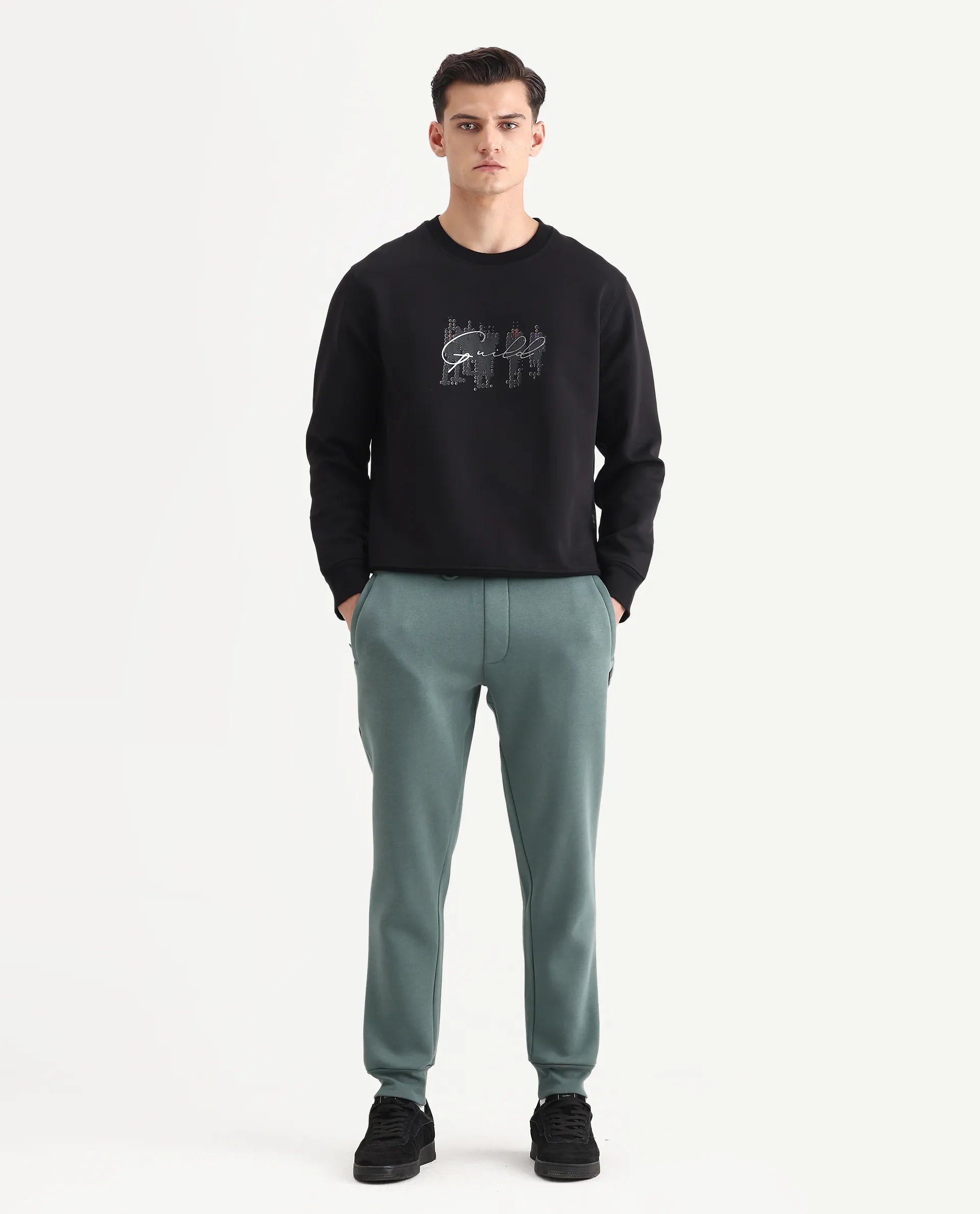 Rare Rabbit Men's Anderson-B25 Dusky Green Cotton Blend Fabric Regular Fit Badge Print Joggers