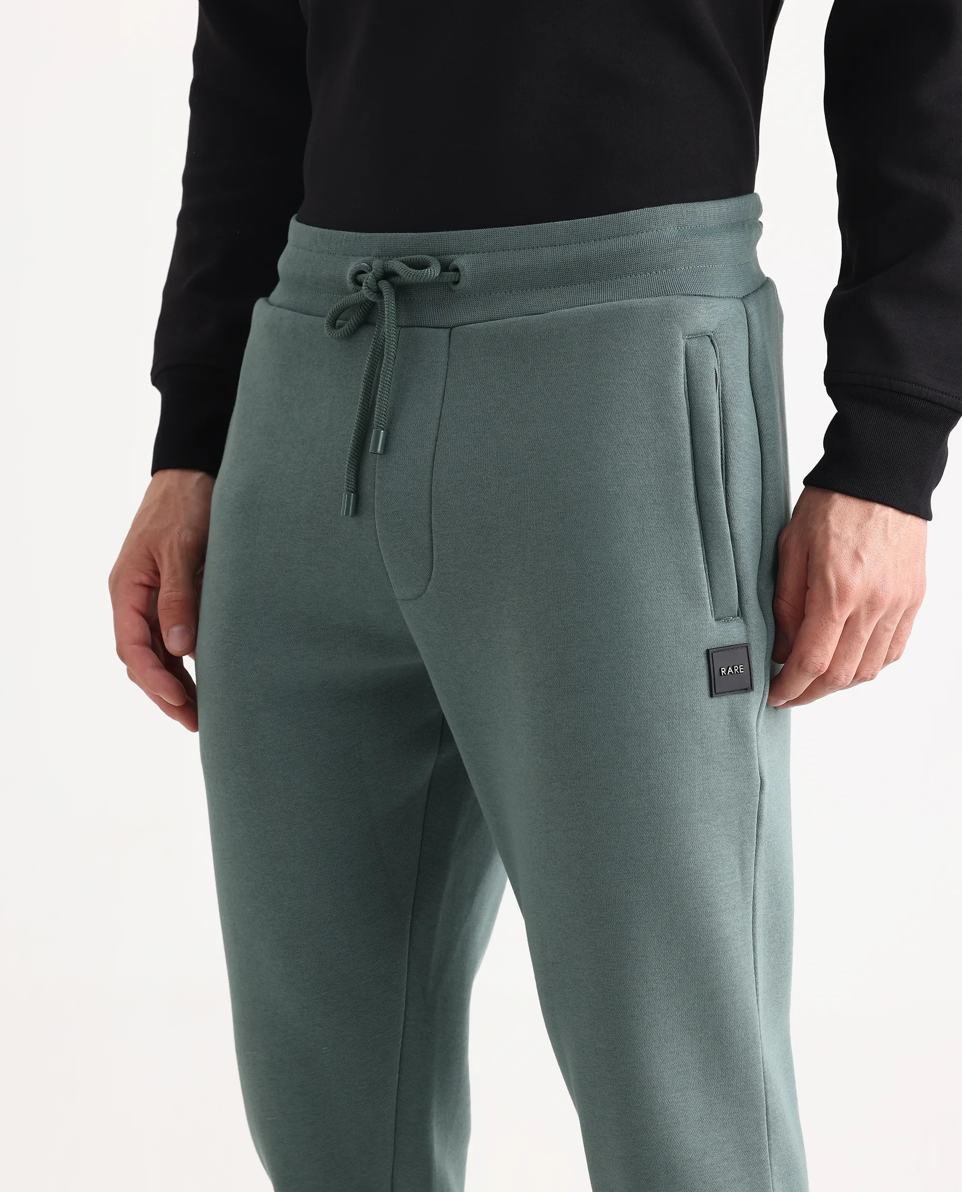 Rare Rabbit Men's Anderson-B25 Dusky Green Cotton Blend Fabric Regular Fit Badge Print Joggers