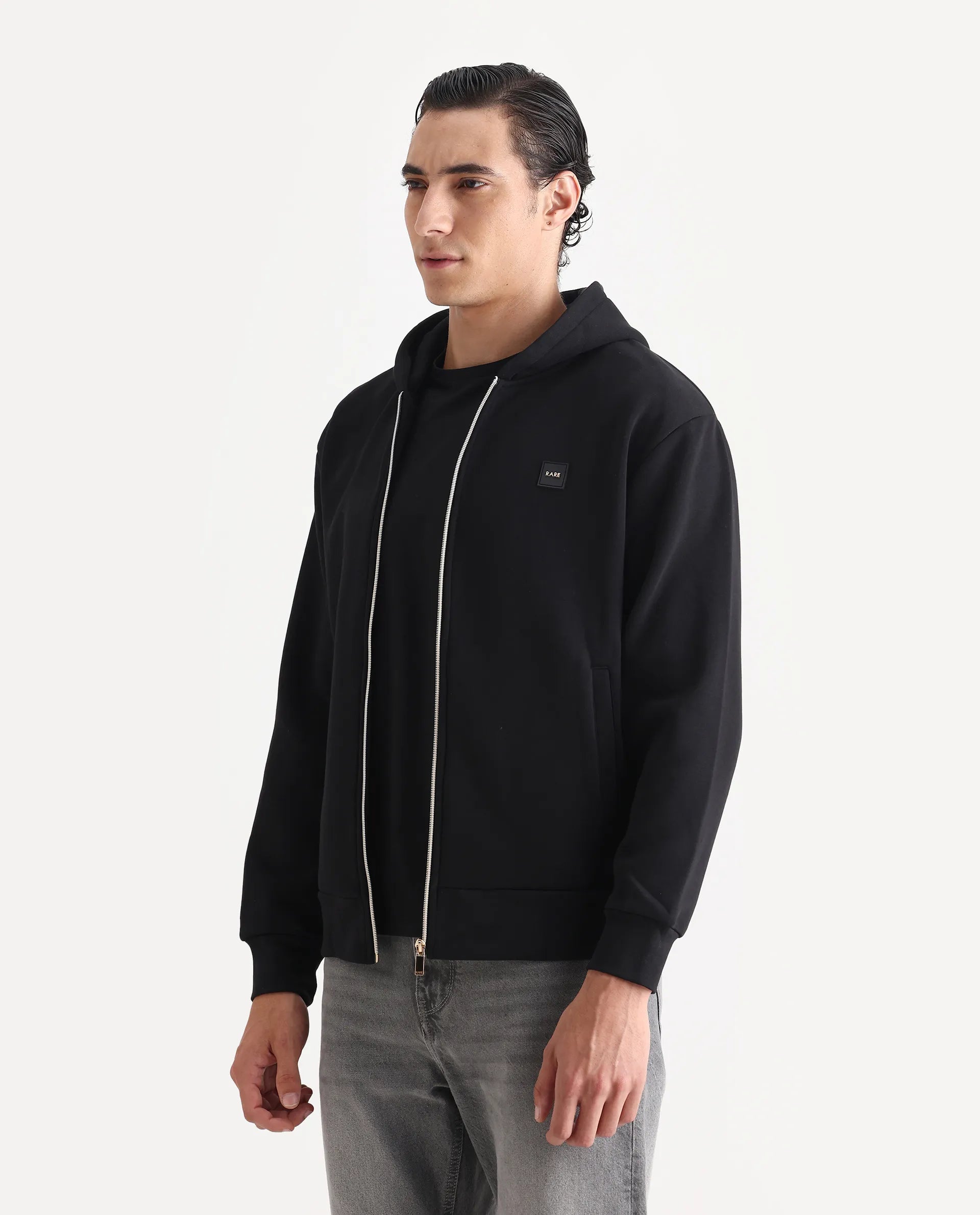 Rare Rabbit Men's Anderson-T25 Black Cotton Blend Plain Relaxed Fit Full Sleeve Hooded Sweatshirt