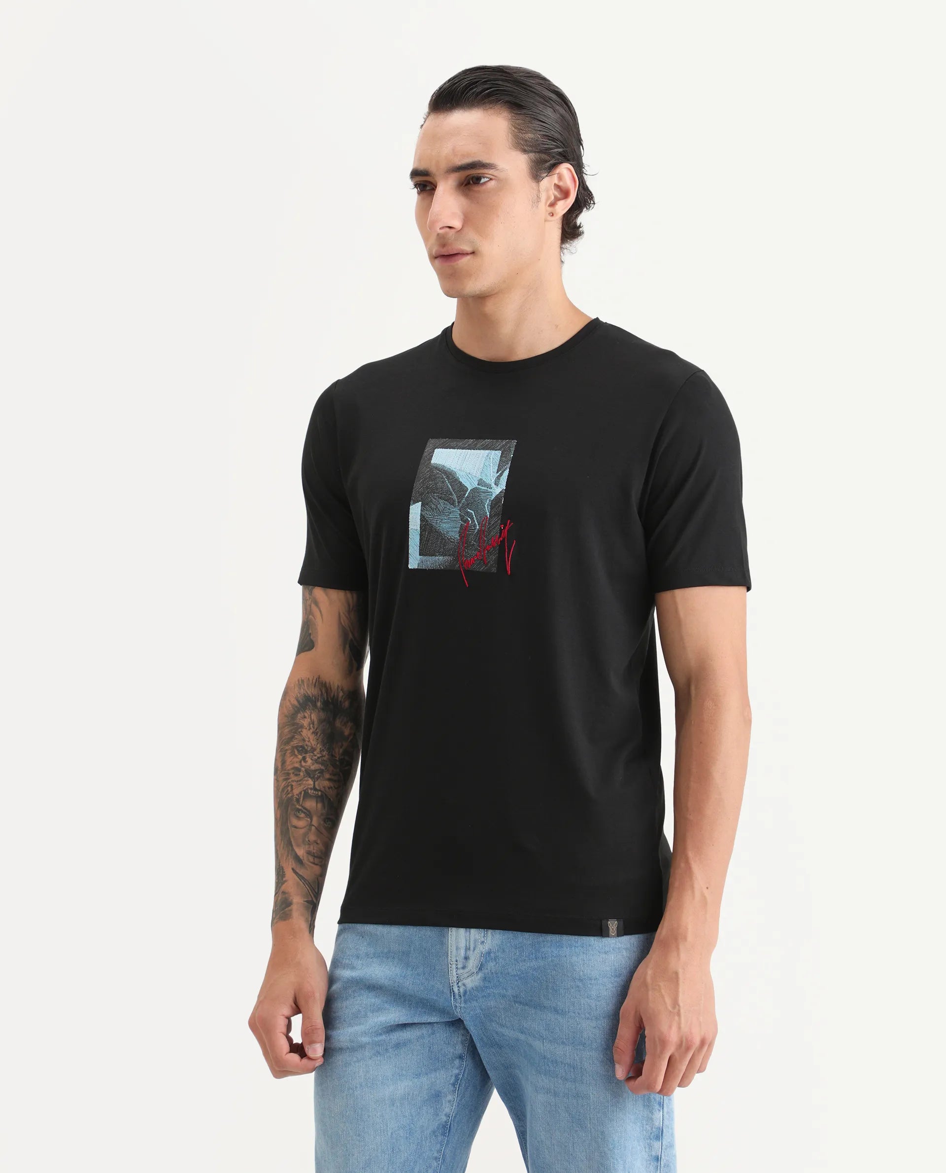 Rare Rabbit Men's Ekro Black Cotton Blend Fabric Short Sleeve Crew Neck Graphic Print T-Shirt