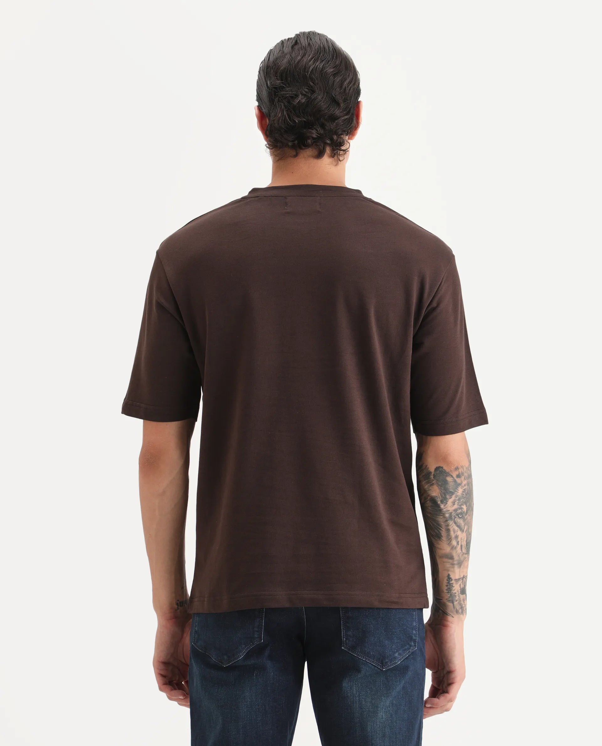 Rare Rabbit Men's Erfe Dark Brown Cotton Fabric Short Sleeve Crew Neck Oversized Fit Graphic Print T-Shirt