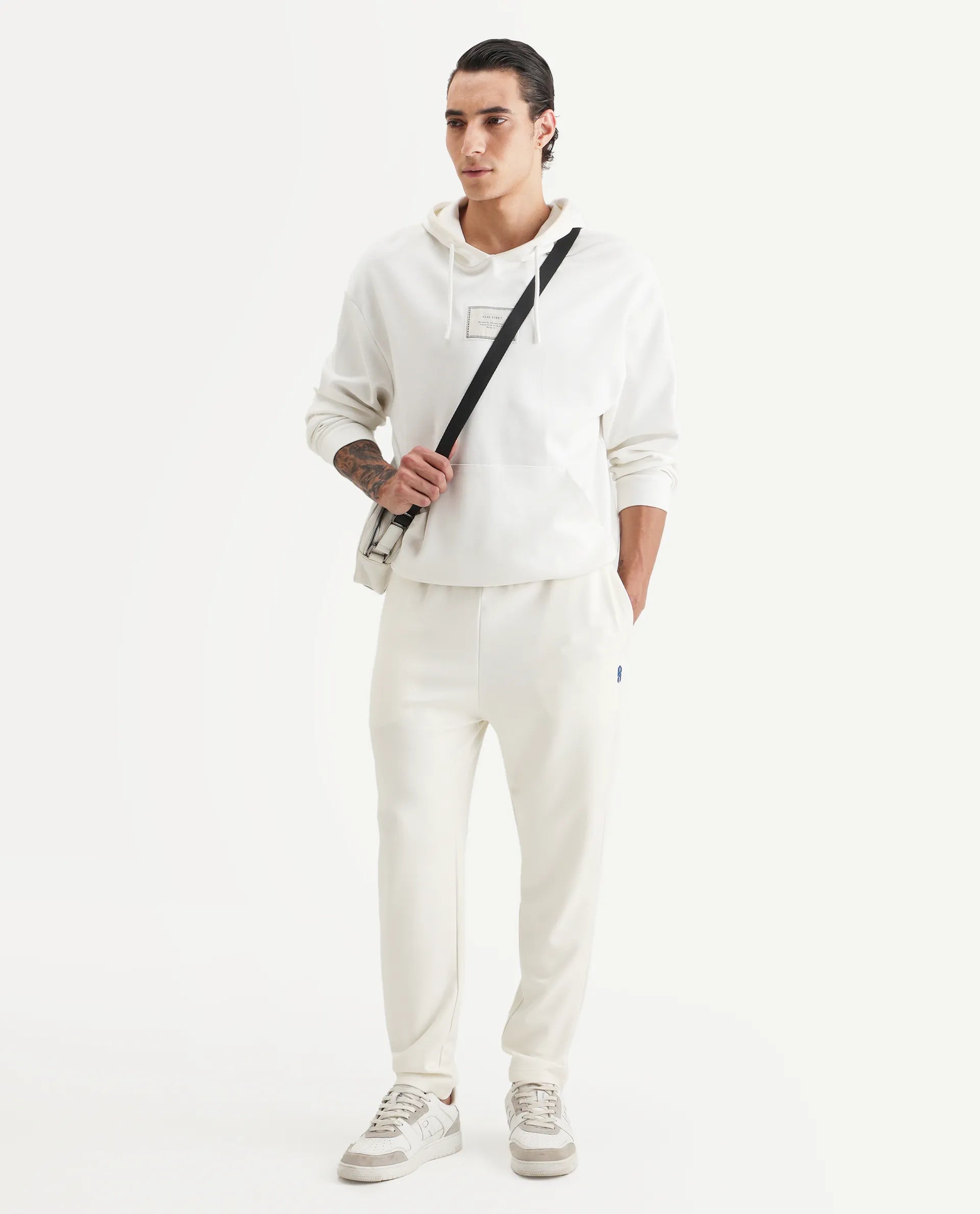 Rare Rabbit Men's Jabe-B Off White Modal Blend Fabric Regular Fit Plain Track Pant