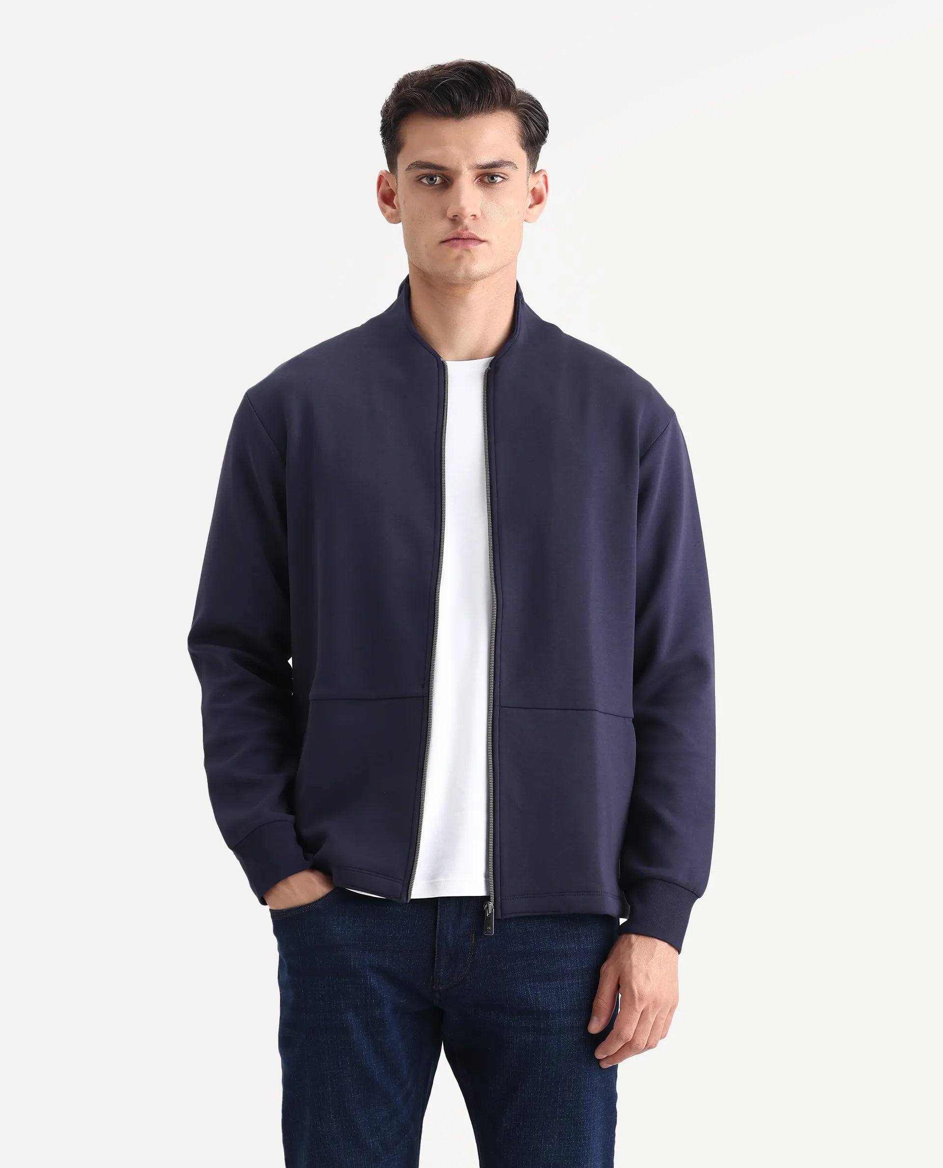 Rare Rabbit Men's Kemo Dark Navy Cotton Blend Plain Regular Fit Full Sleeve High Neck Sweatshirt