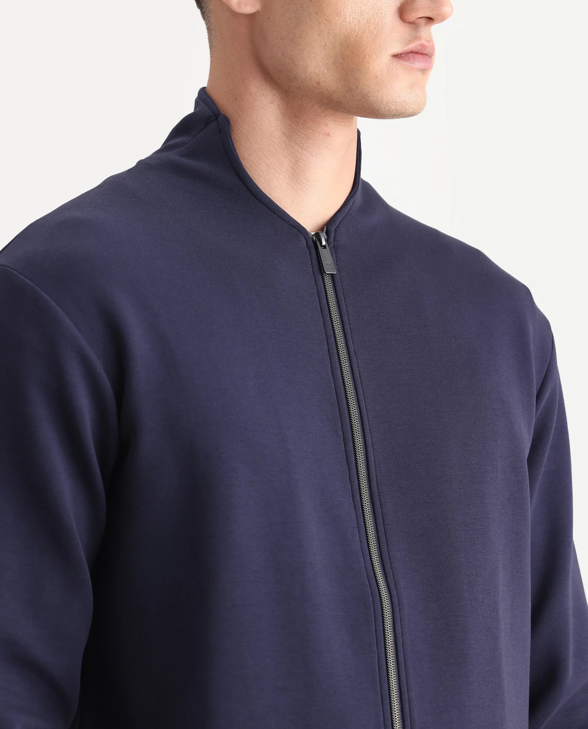 Rare Rabbit Men's Kemo Dark Navy Cotton Blend Plain Regular Fit Full Sleeve High Neck Sweatshirt