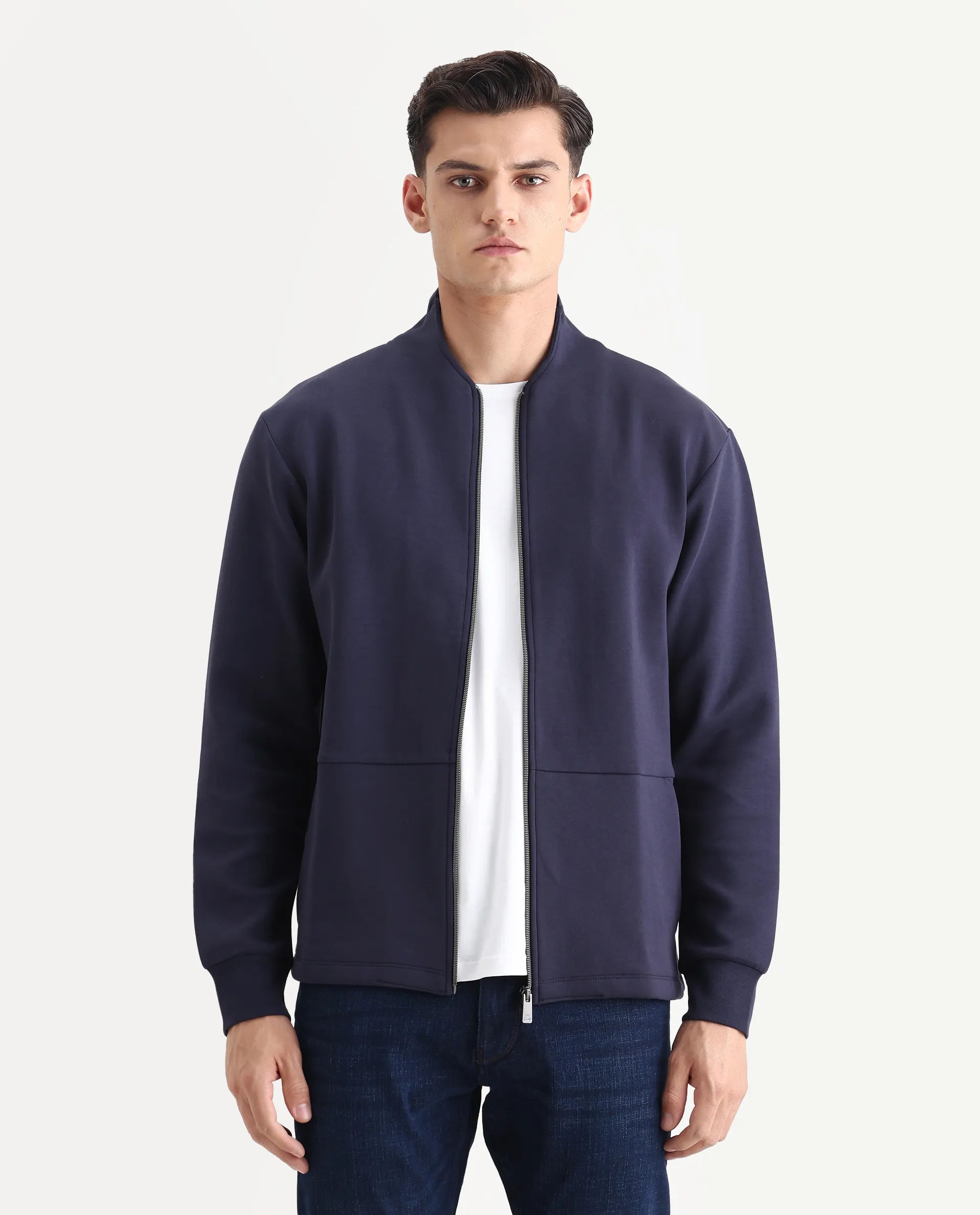 Rare Rabbit Men's Kemo Dark Navy Cotton Blend Plain Regular Fit Full Sleeve High Neck Sweatshirt