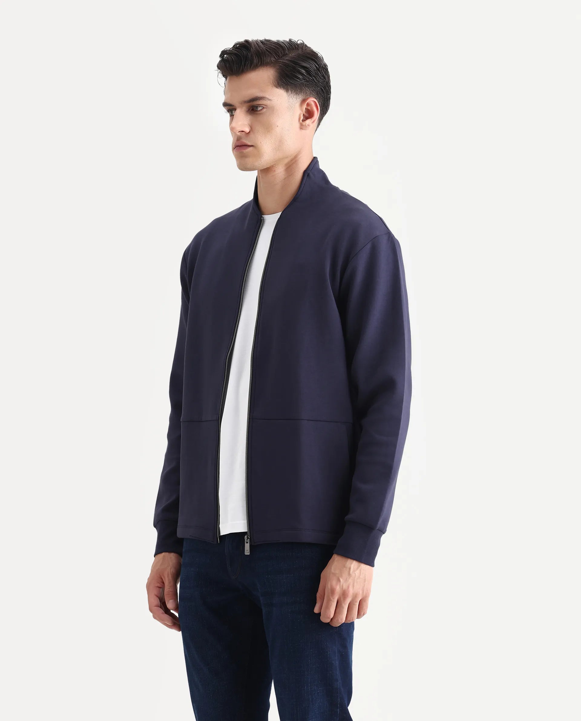 Rare Rabbit Men's Kemo Dark Navy Cotton Blend Plain Regular Fit Full Sleeve High Neck Sweatshirt