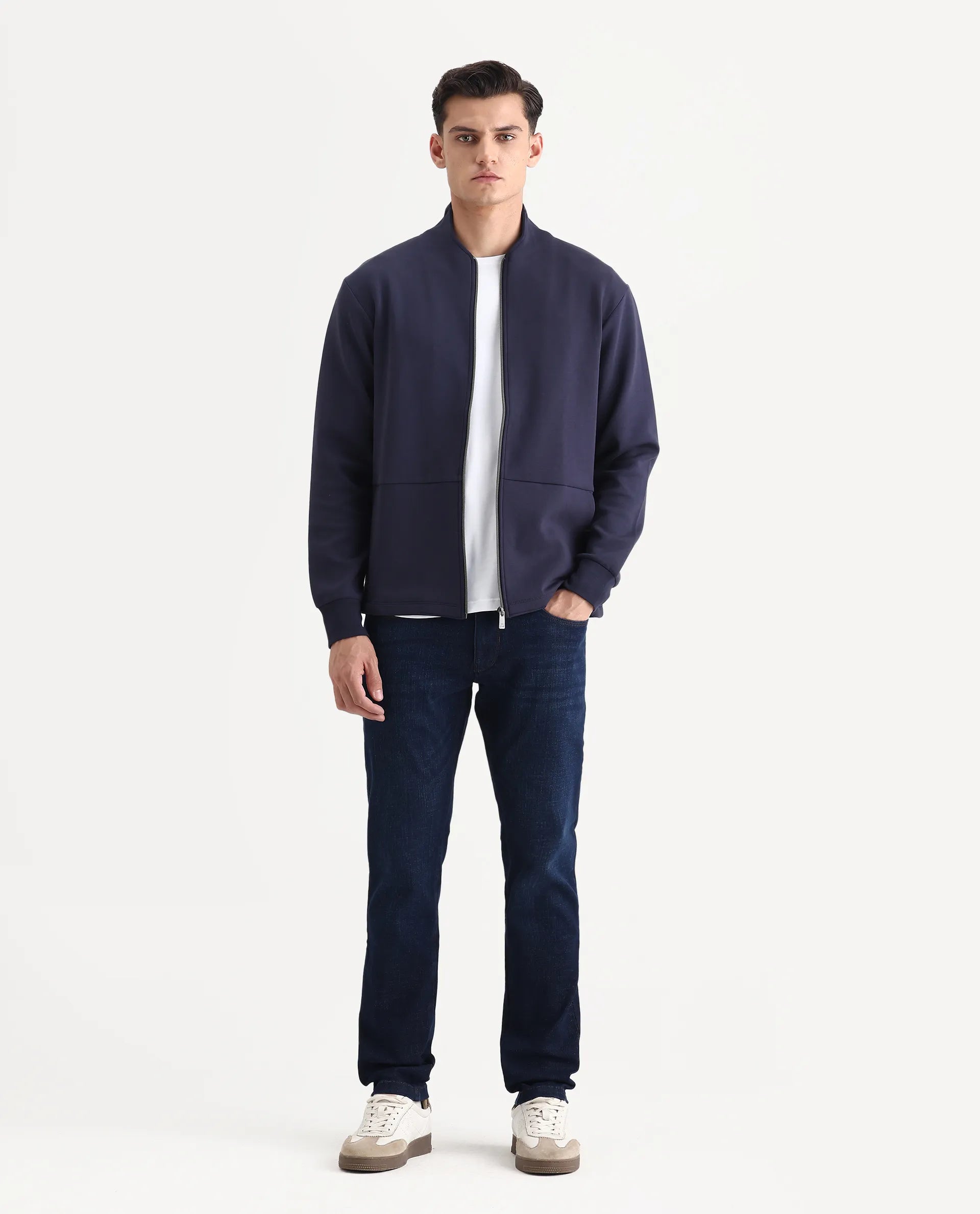 Rare Rabbit Men's Kemo Dark Navy Cotton Blend Plain Regular Fit Full Sleeve High Neck Sweatshirt