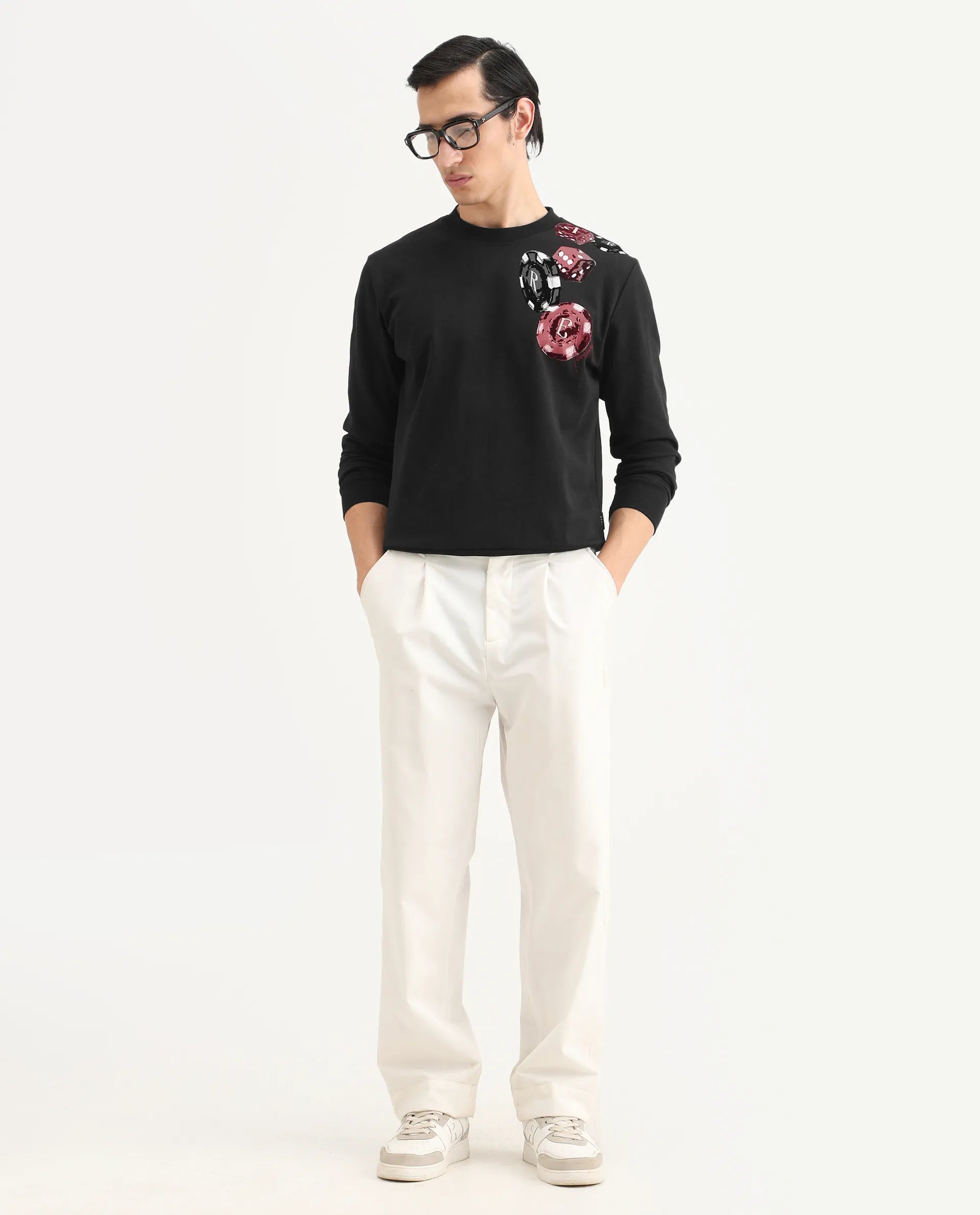 Rare Rabbit Men's Lyra Black Cotton Blend Graphic Print Regular Fit Full Sleeve Crew Neck Sweatshirt