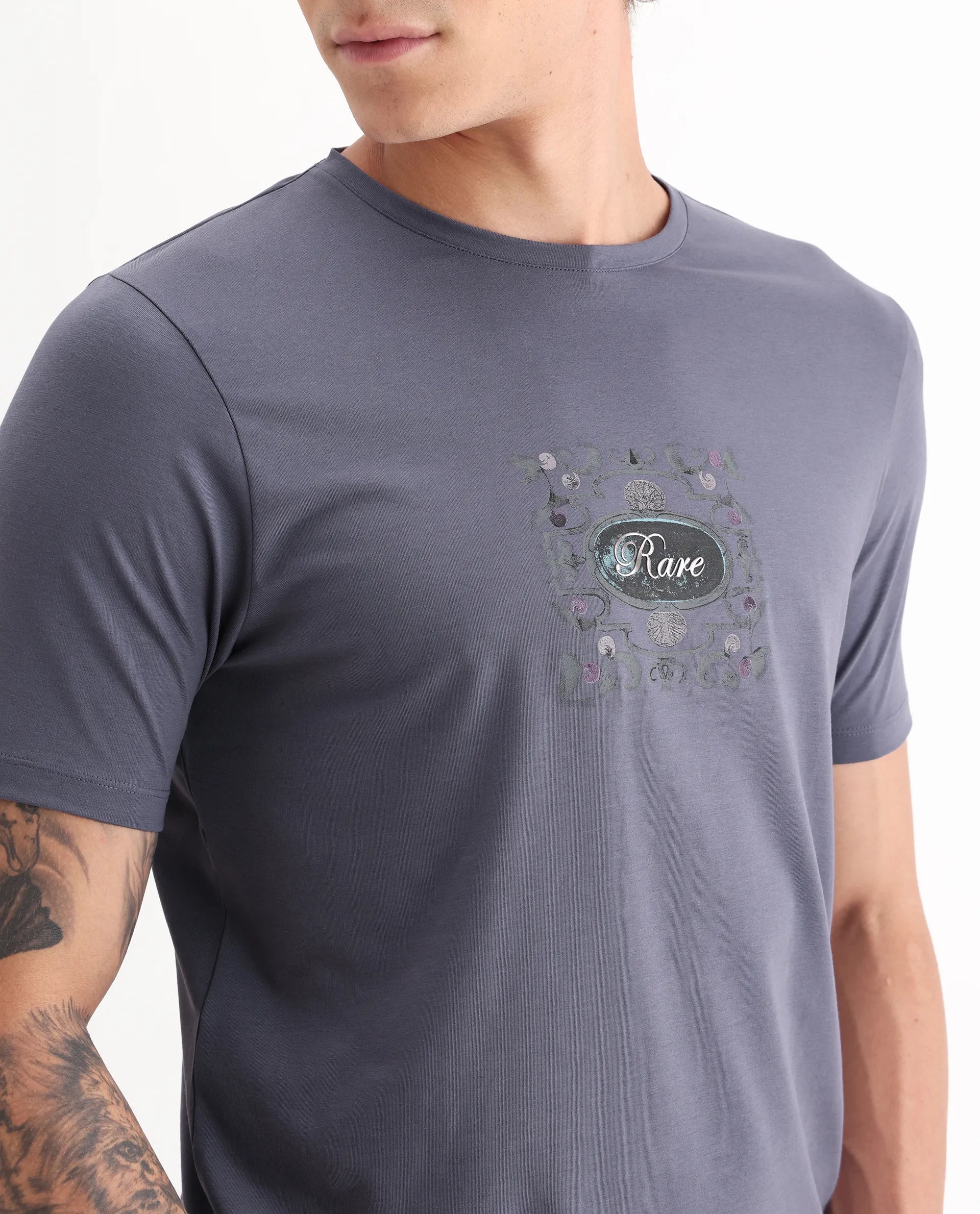 Rare Rabbit Men's Tain Dusky Purple Cotton Blend Graphic Print Regular Fit Half Sleeve Crew Neck T-Shirt