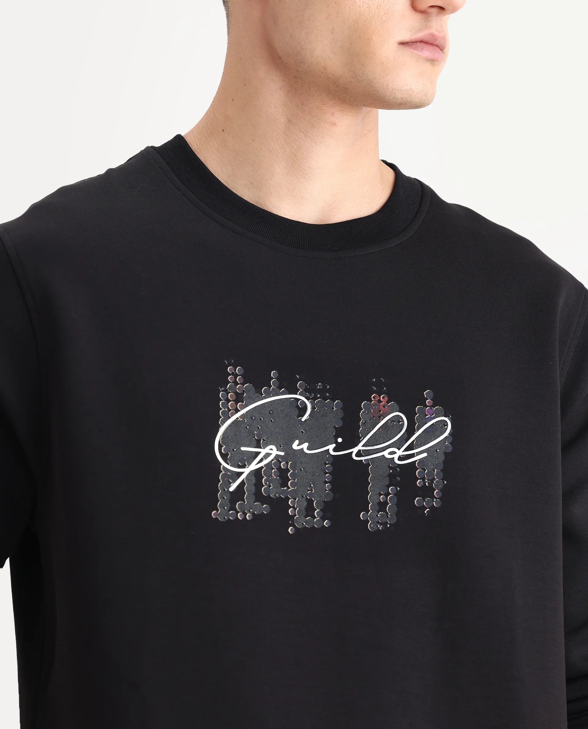 Rare Rabbit Men's Tive Black Cotton Blend Graphic Print Regular Fit Full Sleeve Crew Neck Sweatshirt