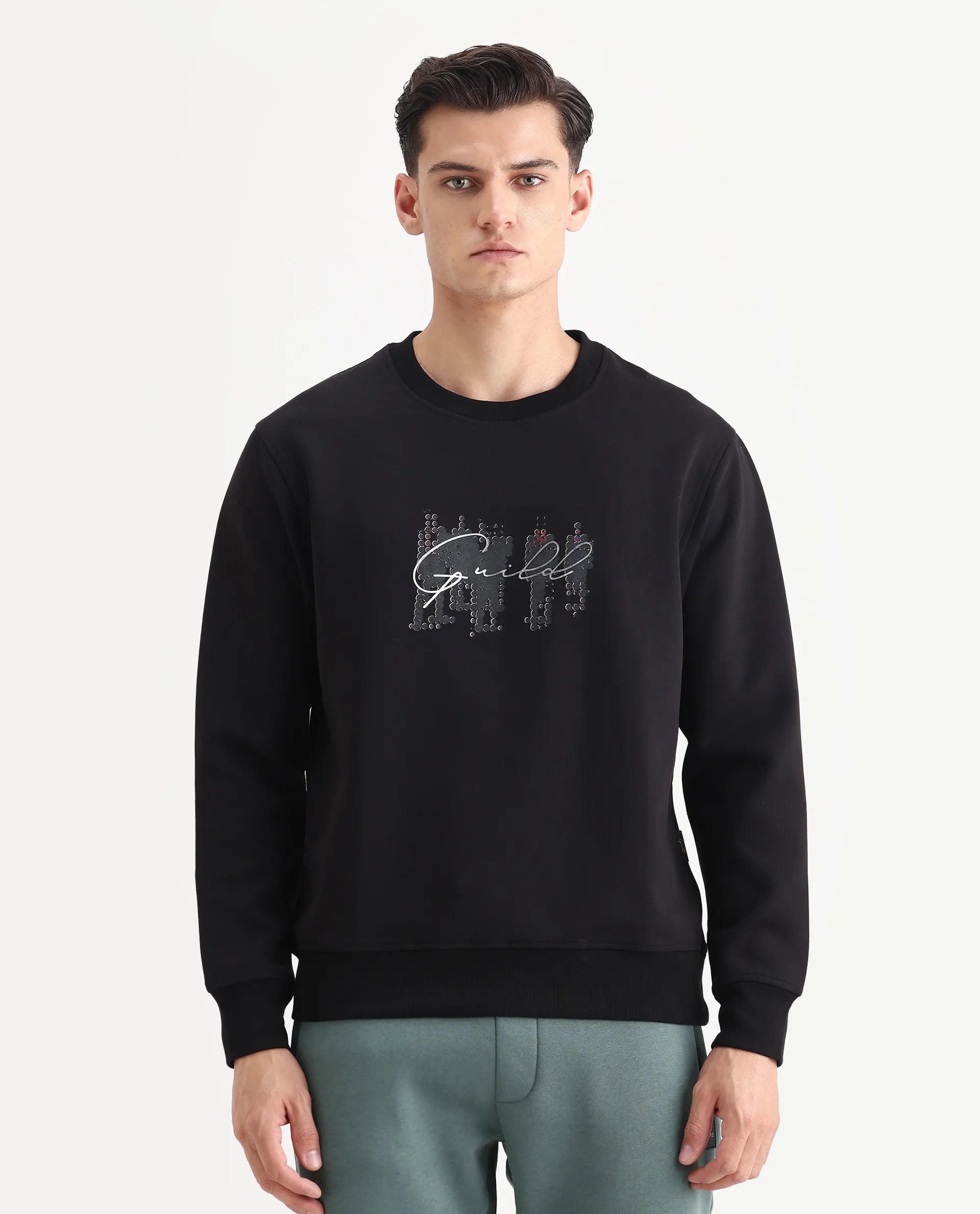 Rare Rabbit Men's Tive Black Cotton Blend Graphic Print Regular Fit Full Sleeve Crew Neck Sweatshirt