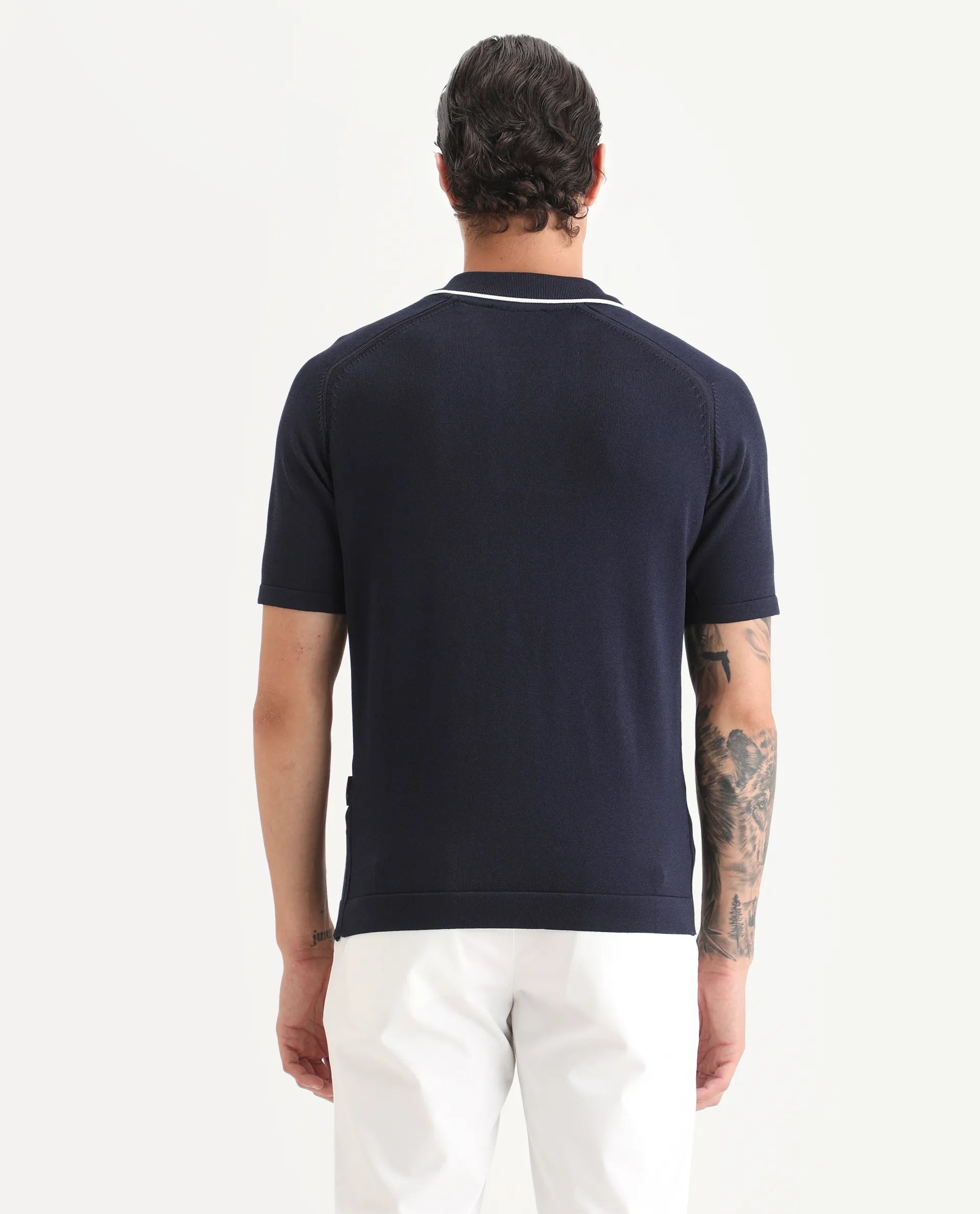 Rare Rabbit Men's Miri Navy Cotton Fabric Sleeveless Collared Neck Plain Polo