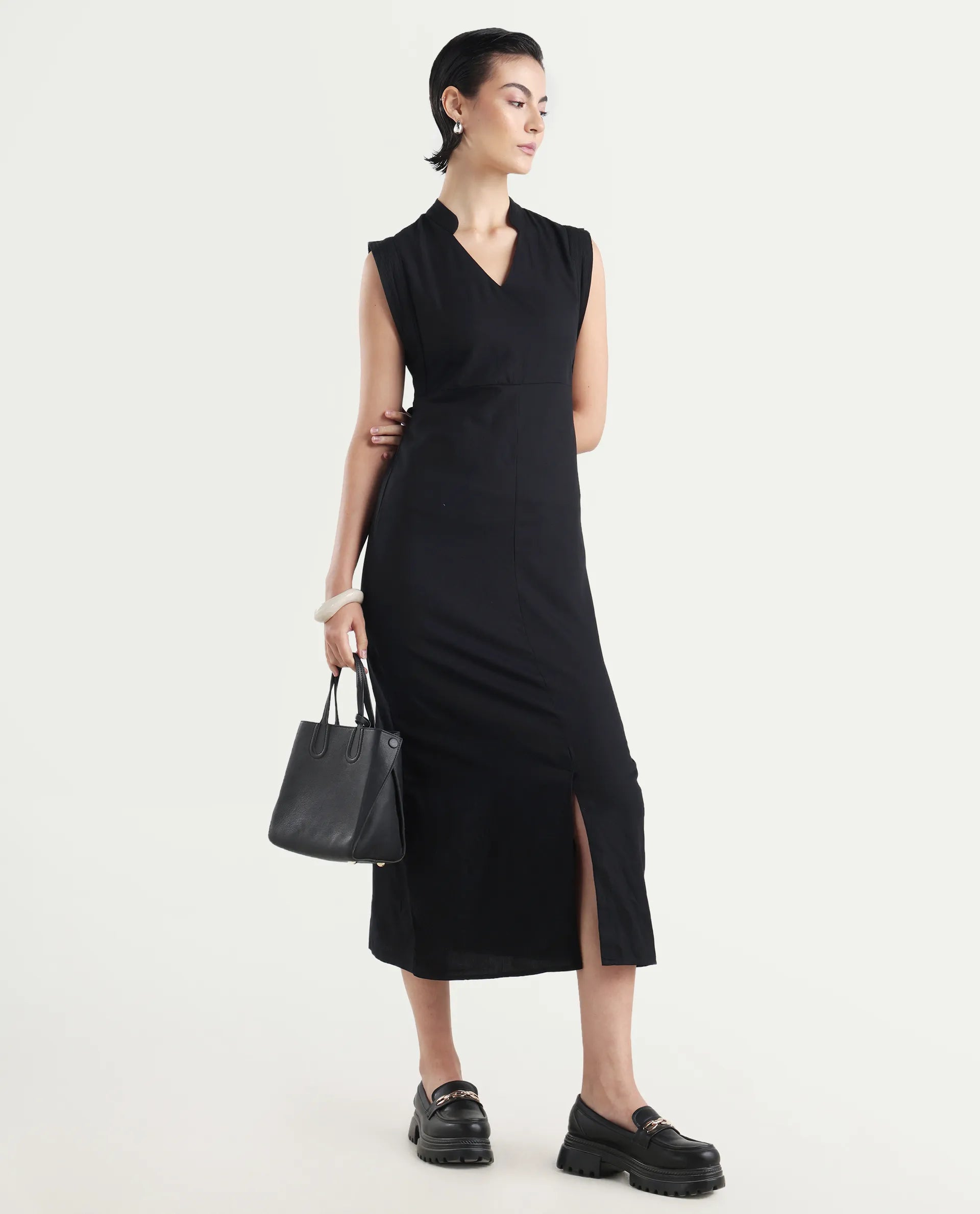 Rareism Women's Jenzo Black Cotton Blend Sleeveless Mandarin Collar Straight Fit Plain Dress