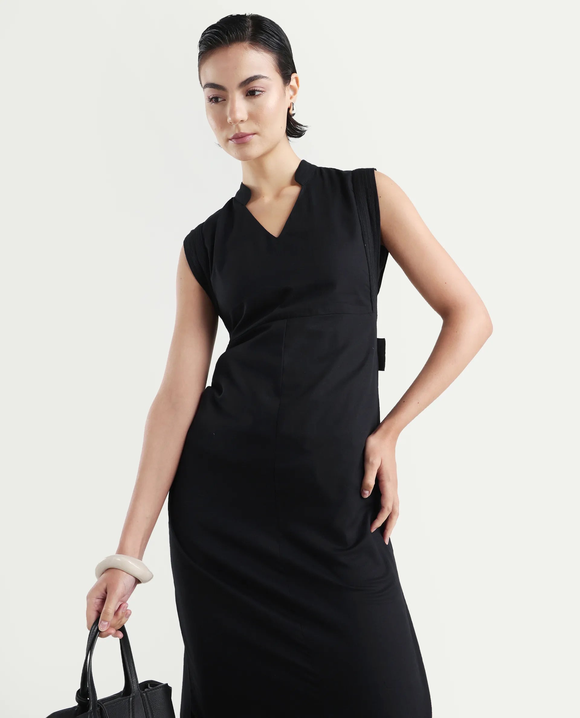 Rareism Women's Jenzo Black Cotton Blend Sleeveless Mandarin Collar Straight Fit Plain Dress