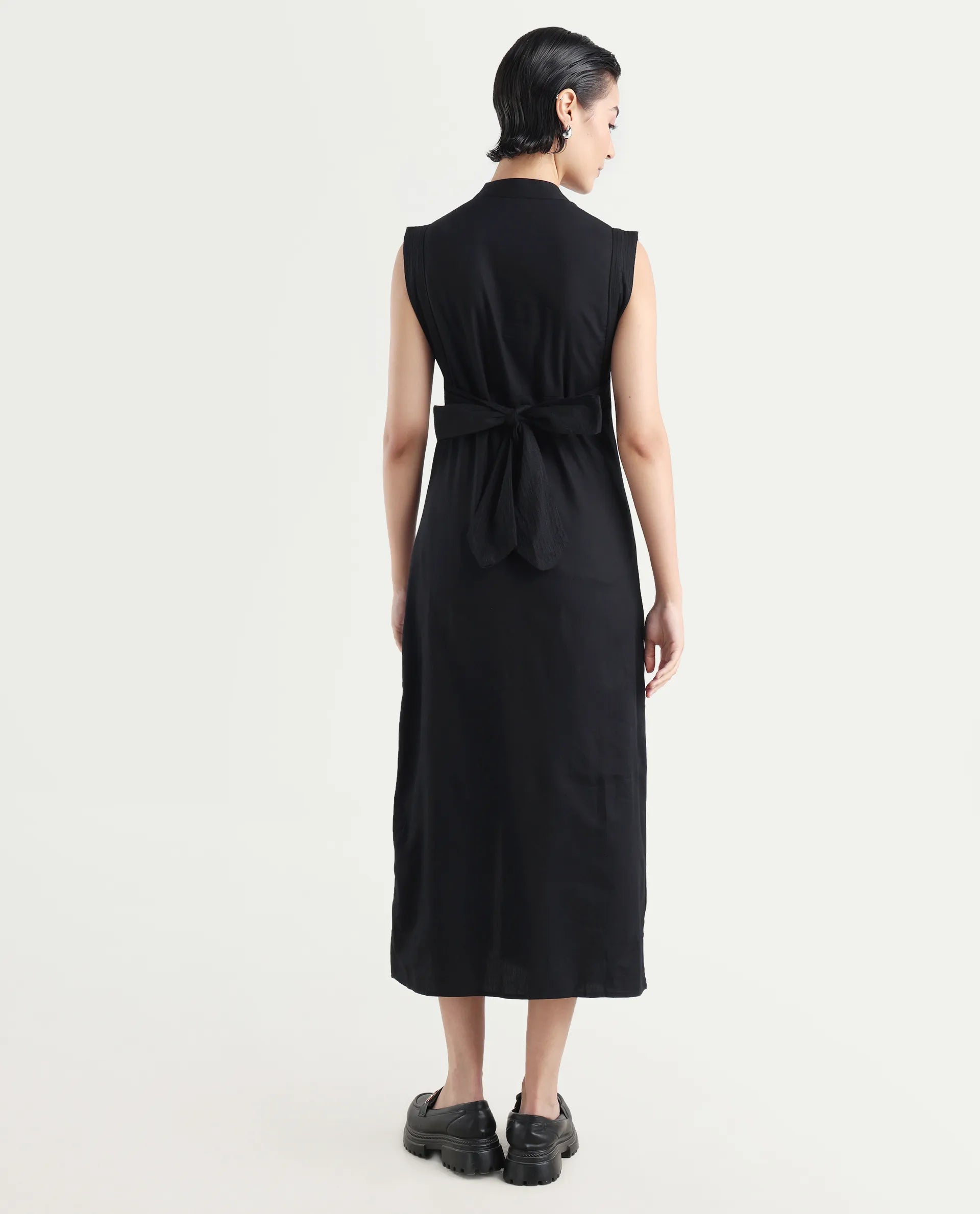 Rareism Women's Jenzo Black Cotton Blend Sleeveless Mandarin Collar Straight Fit Plain Dress