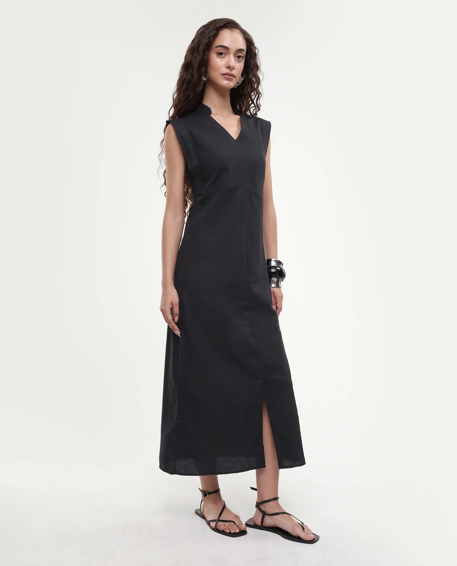 Rareism Women's Jenzo Black Cotton Sleeveless Mandarin Collar Straight Fit Plain Dress