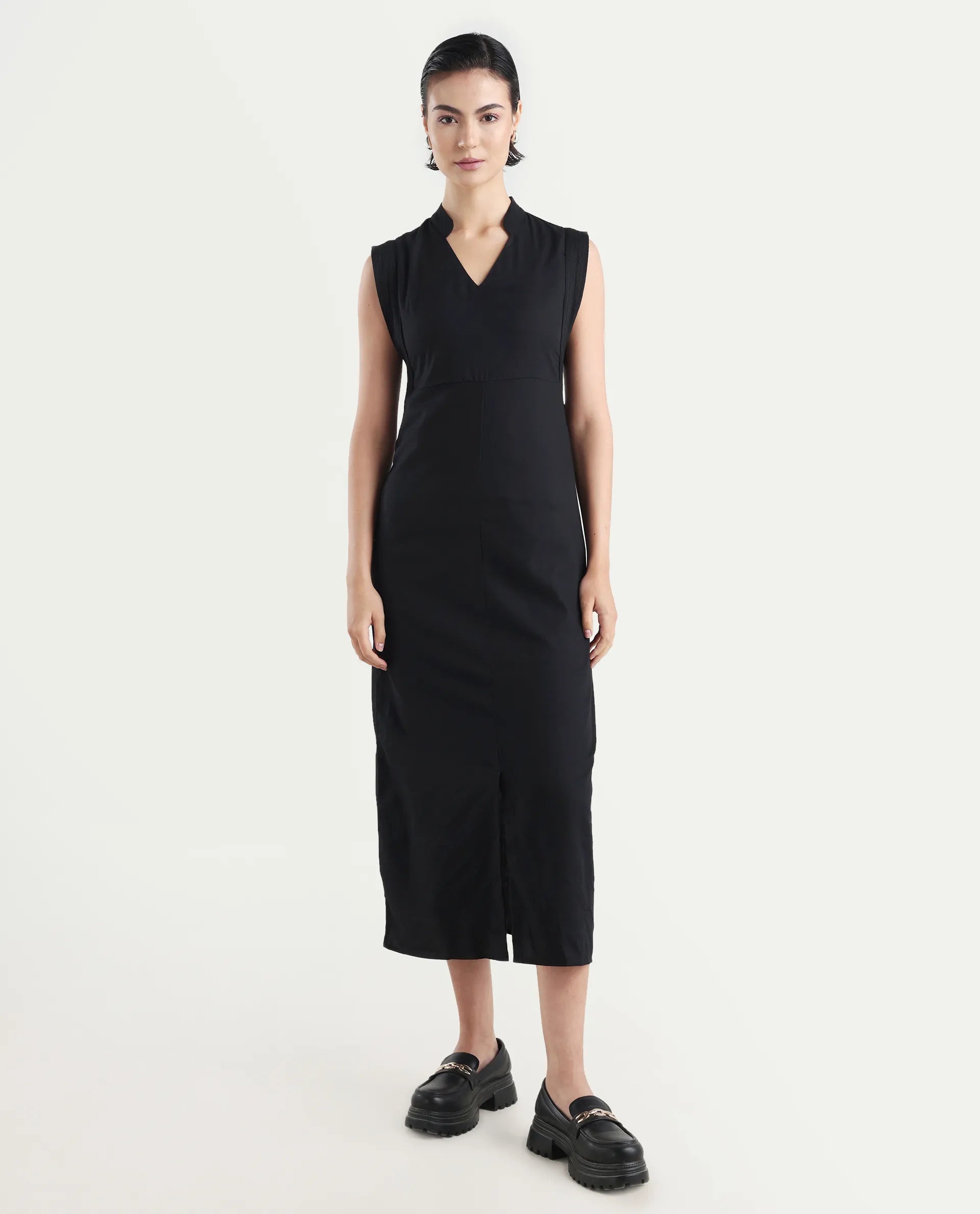 Rareism Women's Jenzo Black Cotton Blend Sleeveless Mandarin Collar Straight Fit Plain Dress