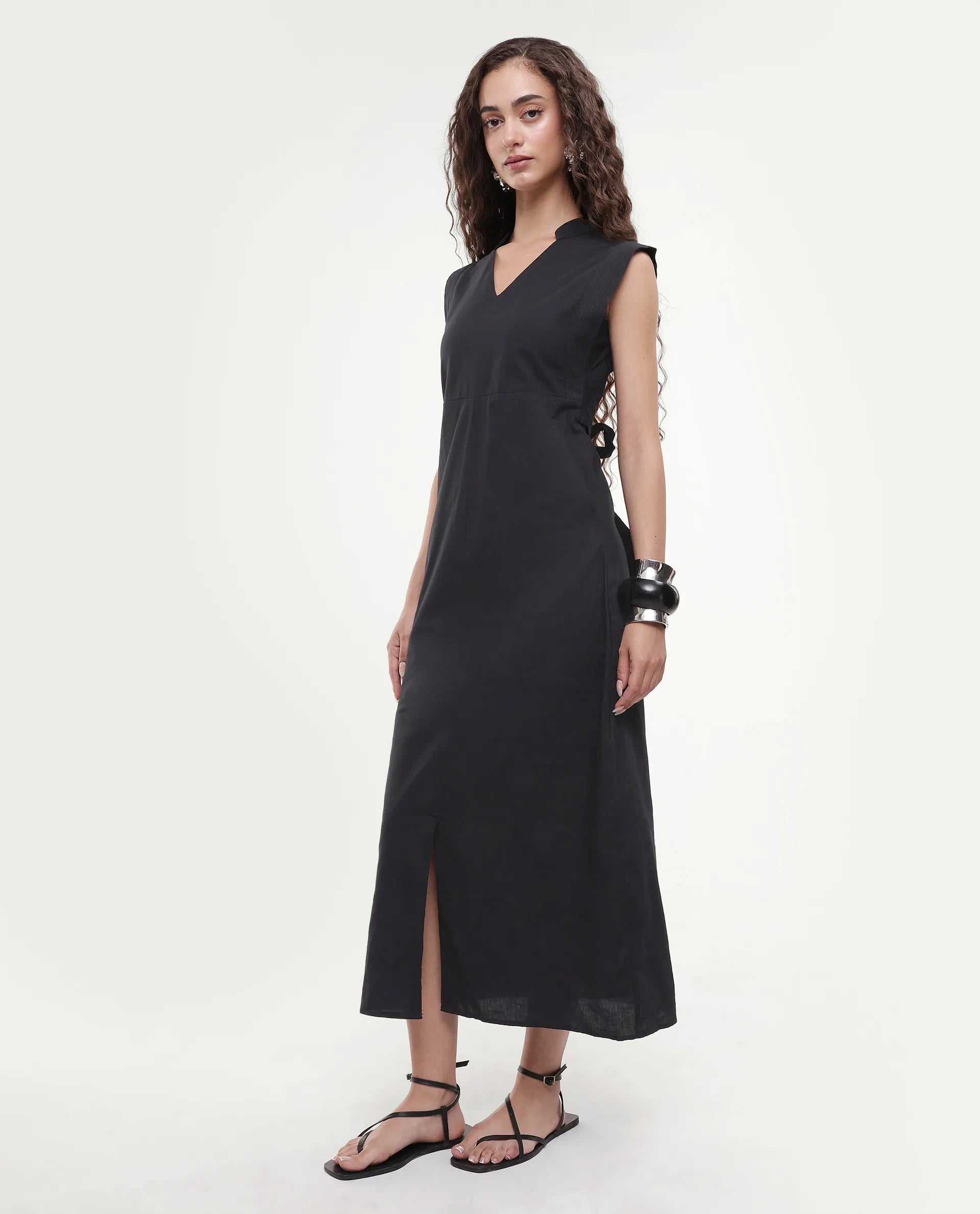 Rareism Women's Jenzo Black Cotton Sleeveless Mandarin Collar Straight Fit Plain Dress