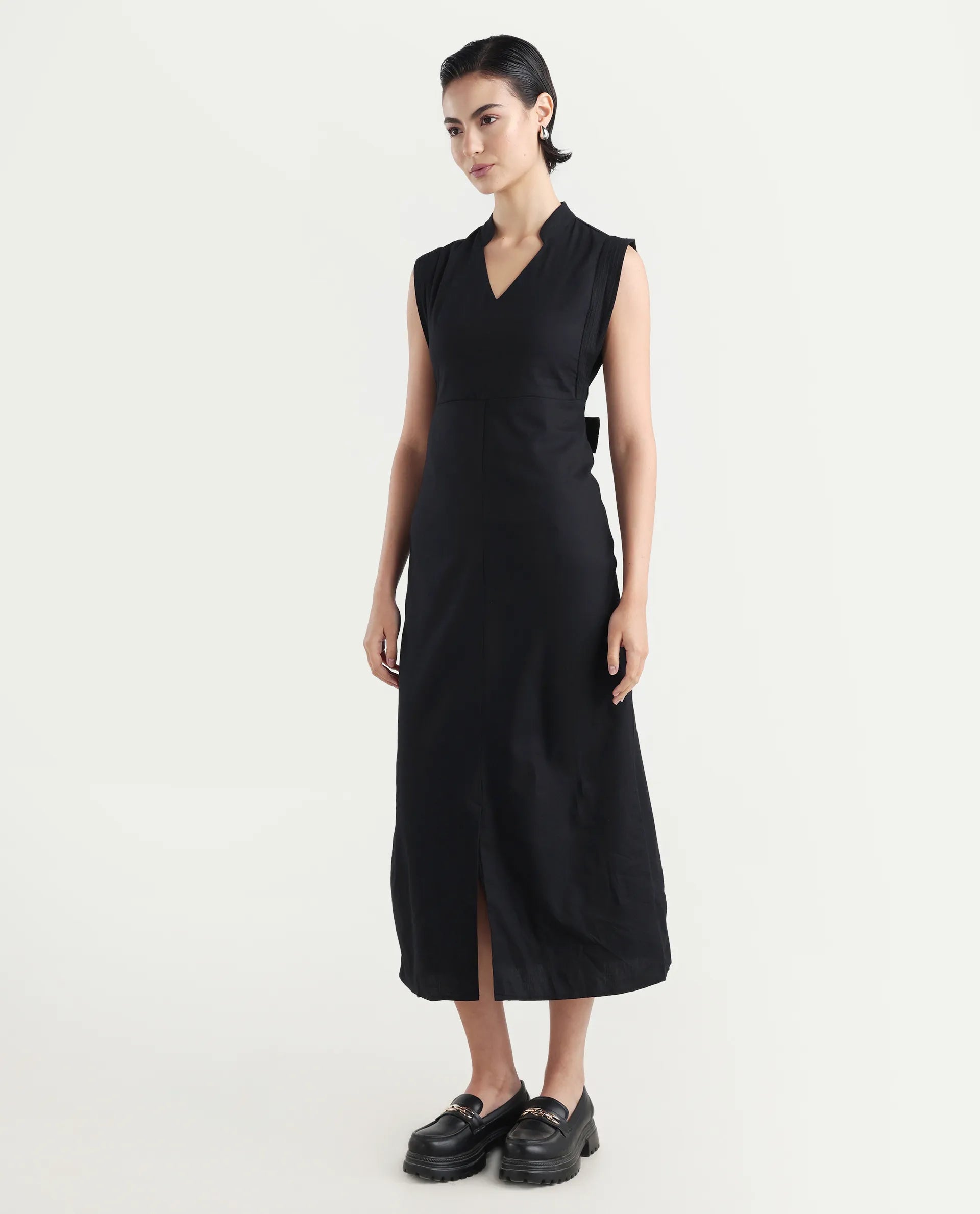 Rareism Women's Jenzo Black Cotton Blend Sleeveless Mandarin Collar Straight Fit Plain Dress