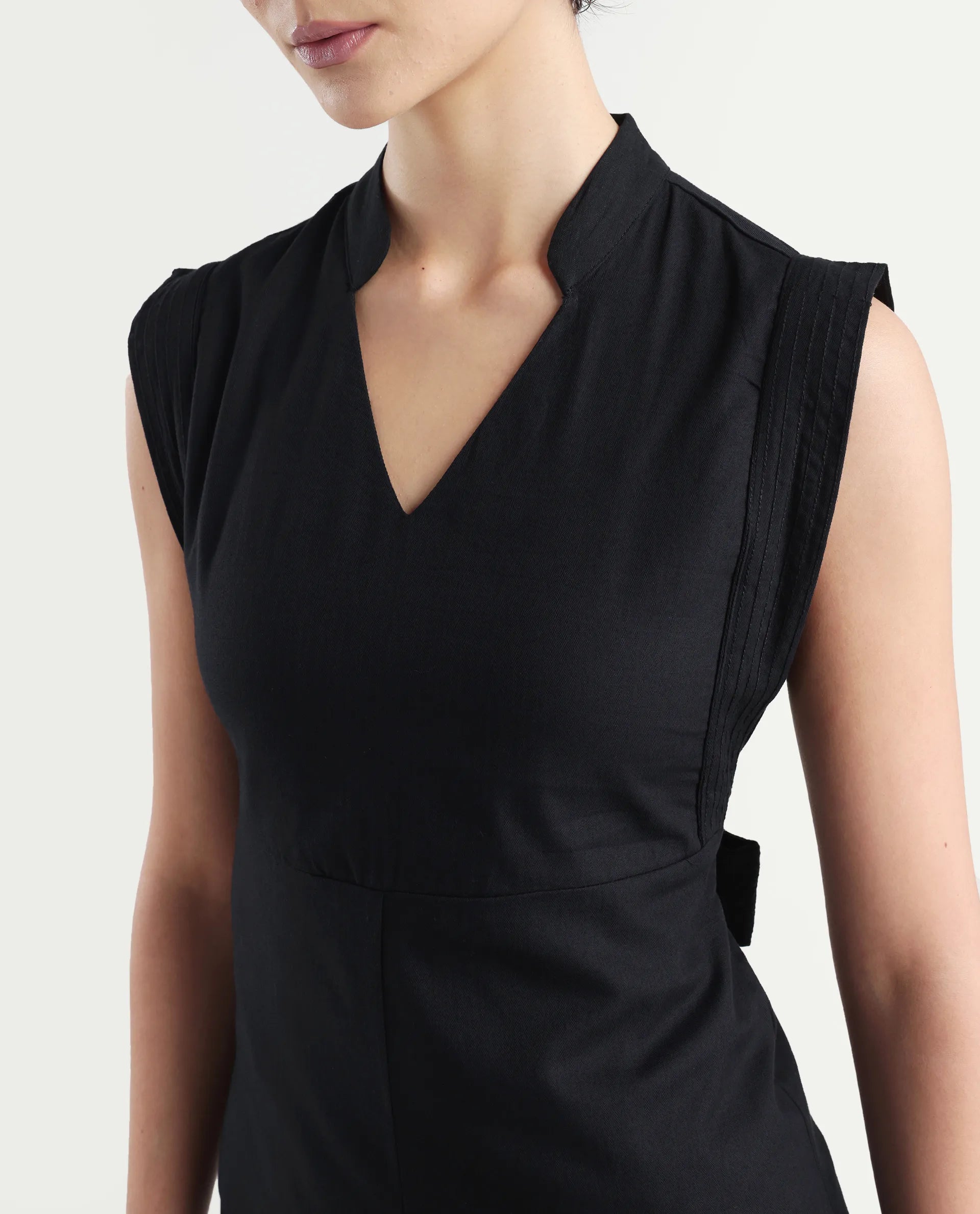 Rareism Women's Jenzo Black Cotton Blend Sleeveless Mandarin Collar Straight Fit Plain Dress